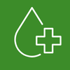 Green background with a white medical drop and a plus sign inside it.