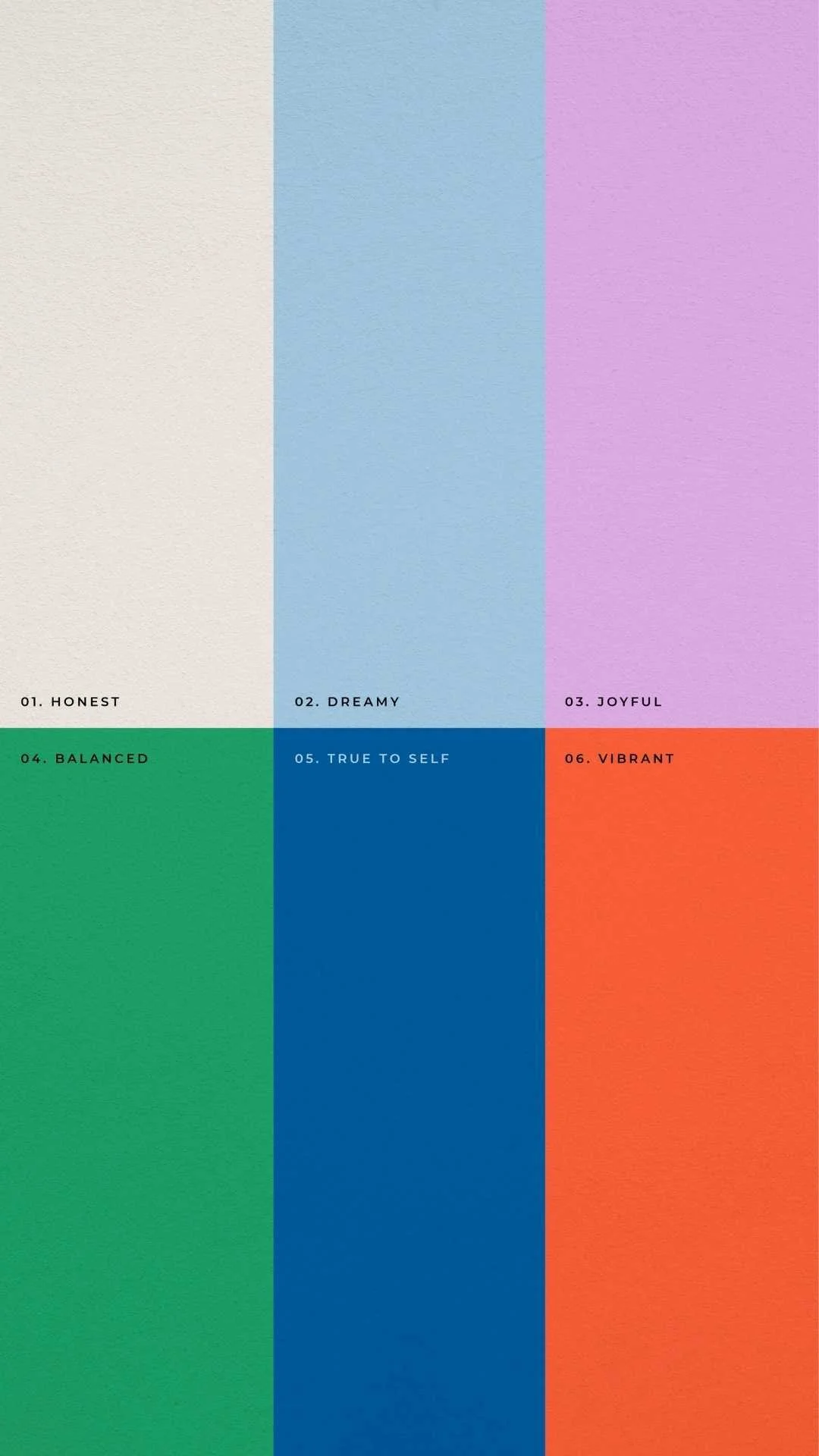 A color palette with six colors labeled honest, dreamy, joyful, balanced, true to self, and vibrant
