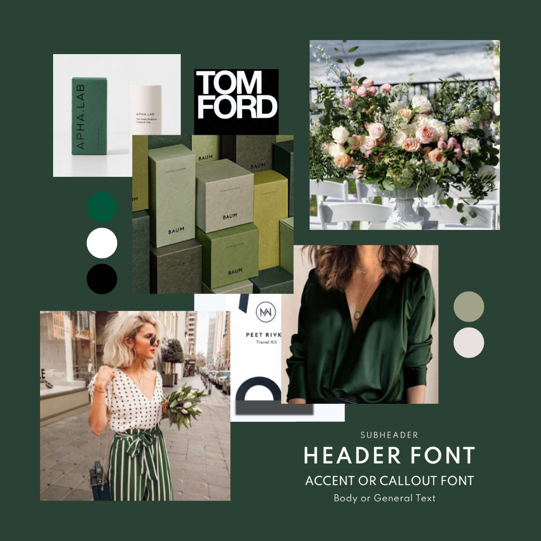 An elegant mood board with a dark green background, images, fonts and a color palette by VVITCH Digital