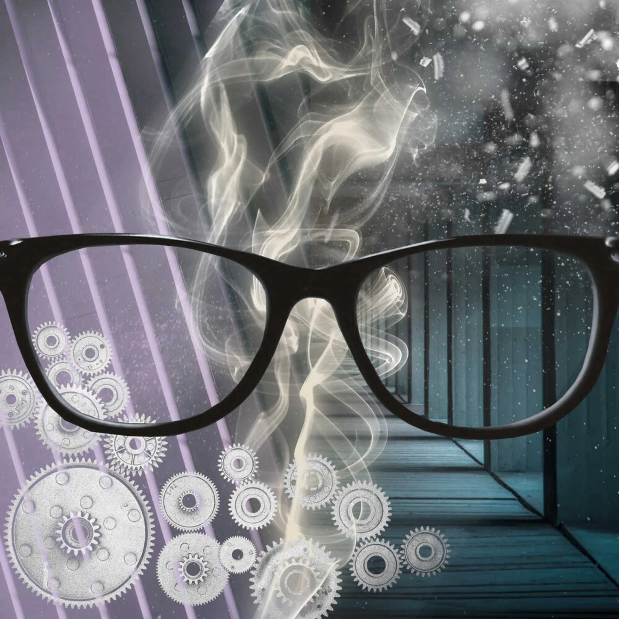 A collage featuring seeing glasses, gears, and smoke before a purple and teal walkway