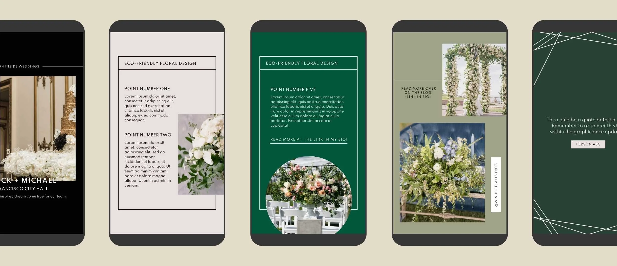 Five social media templates for mobile including floral design info and wedding features by VVITCH Digital