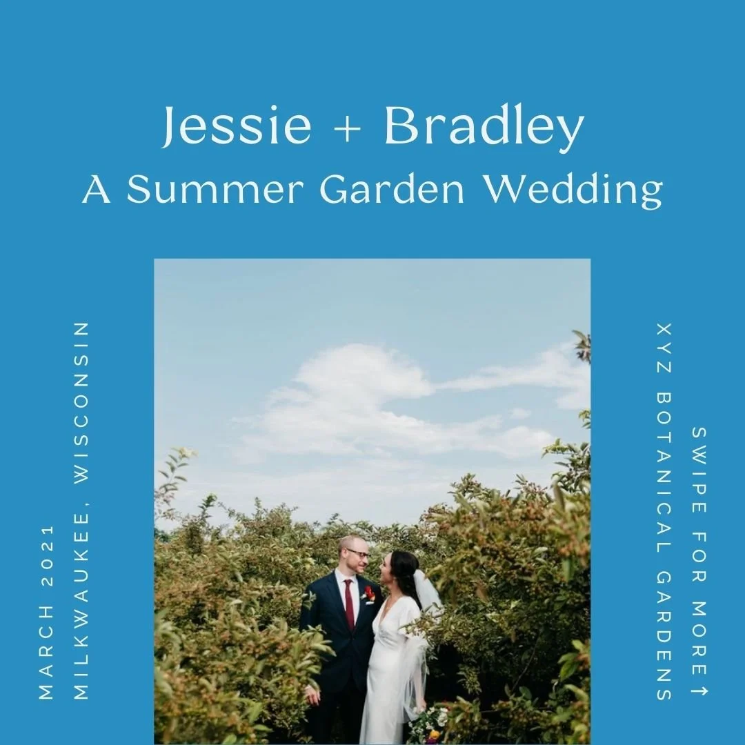 An example bright blue social media post featuring a summer garden wedding featuring a photo and info