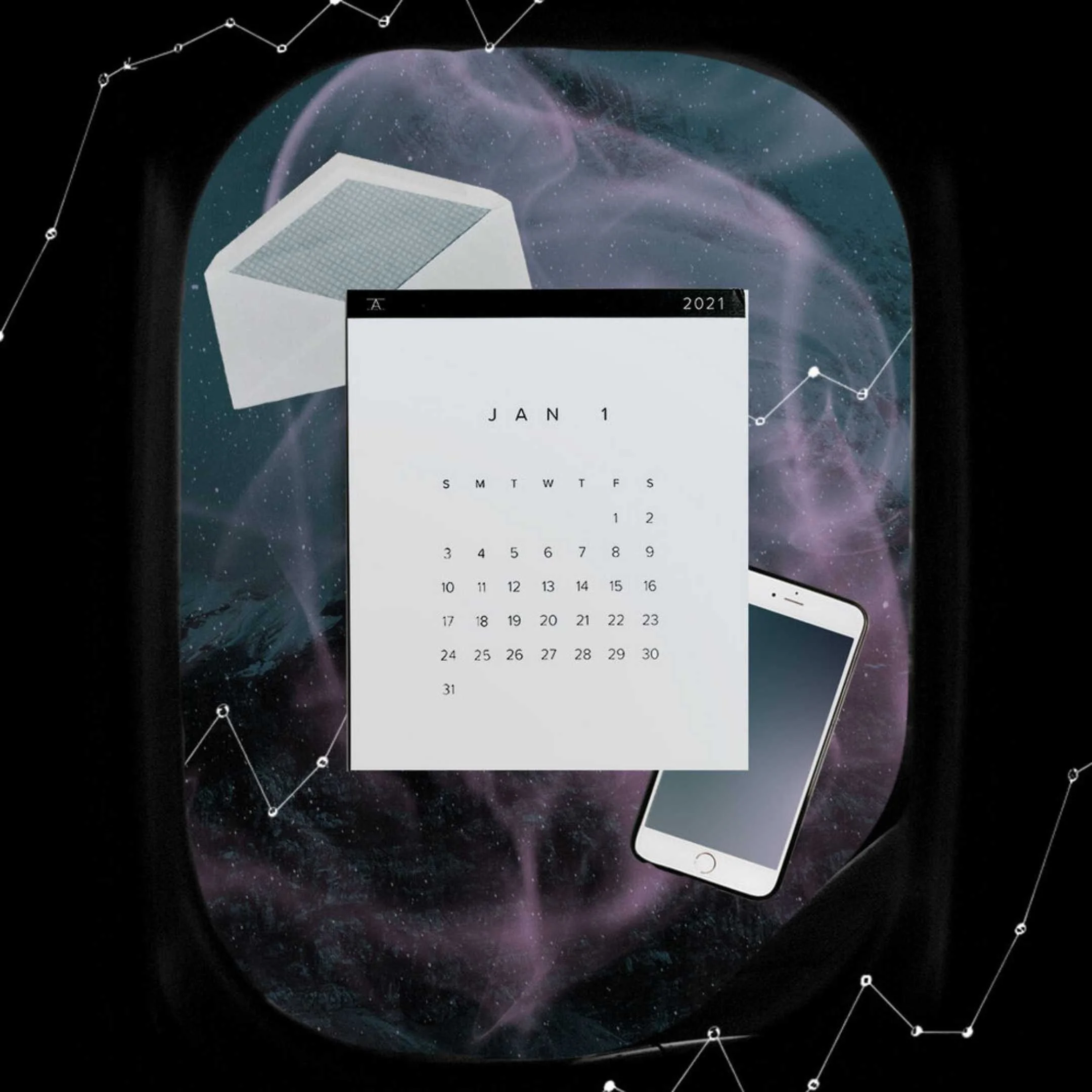January 2021 calendar on top of a smart phone and an open envelope in a purple celestial space