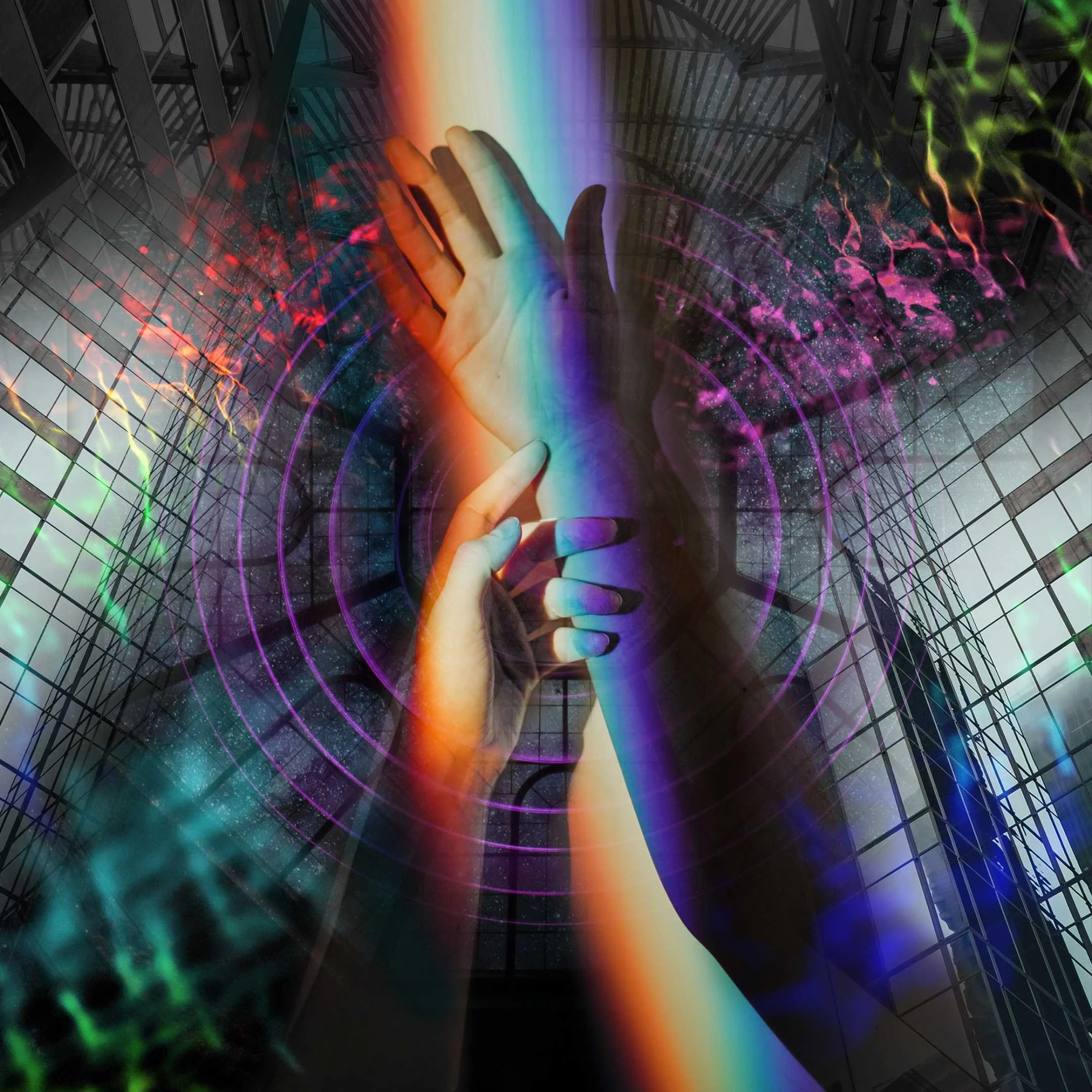 Collage showing arms held up in a rainbow prism of light