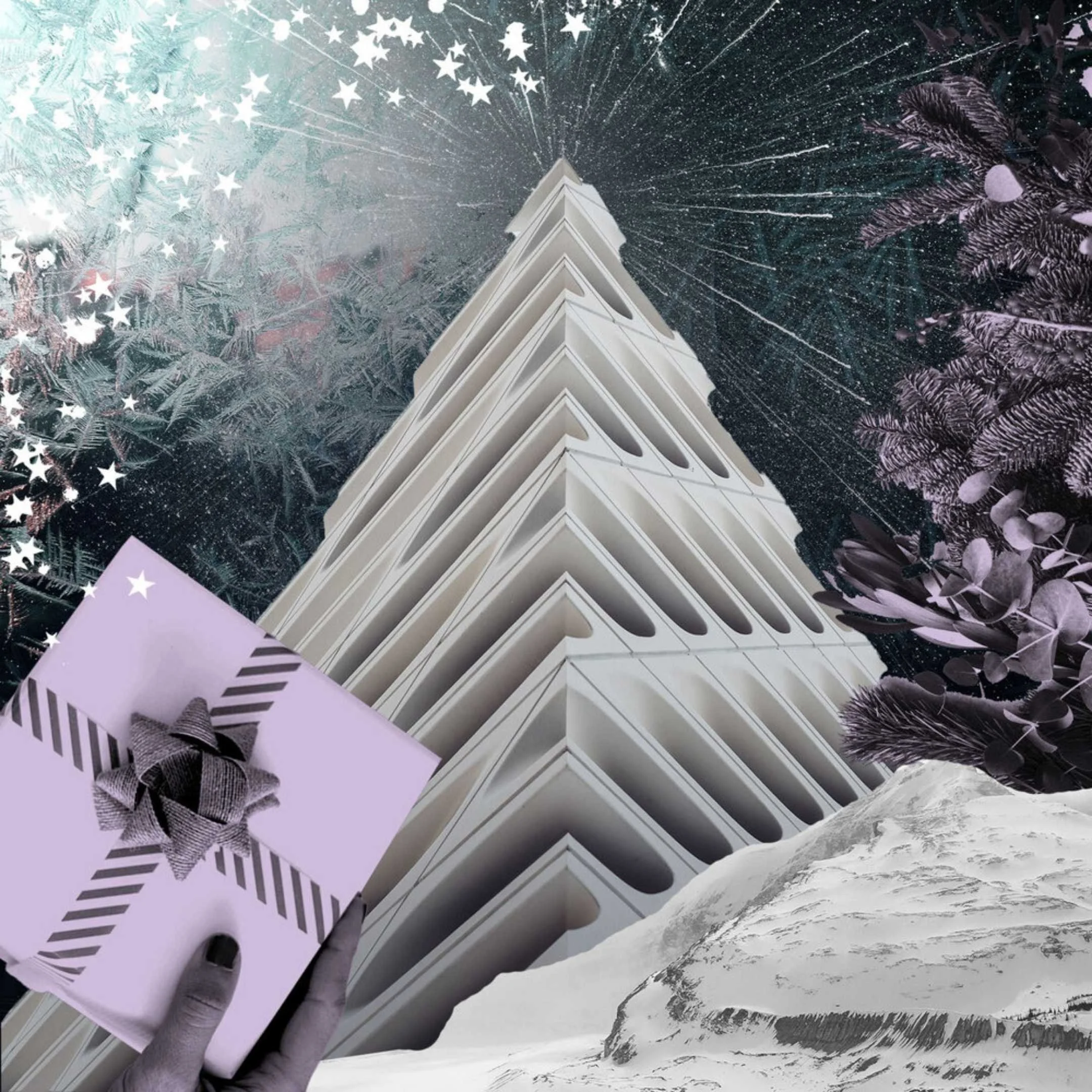 A hand holding a purple present, a snowy mountain and a buliding detail in the shape of a pine tree
