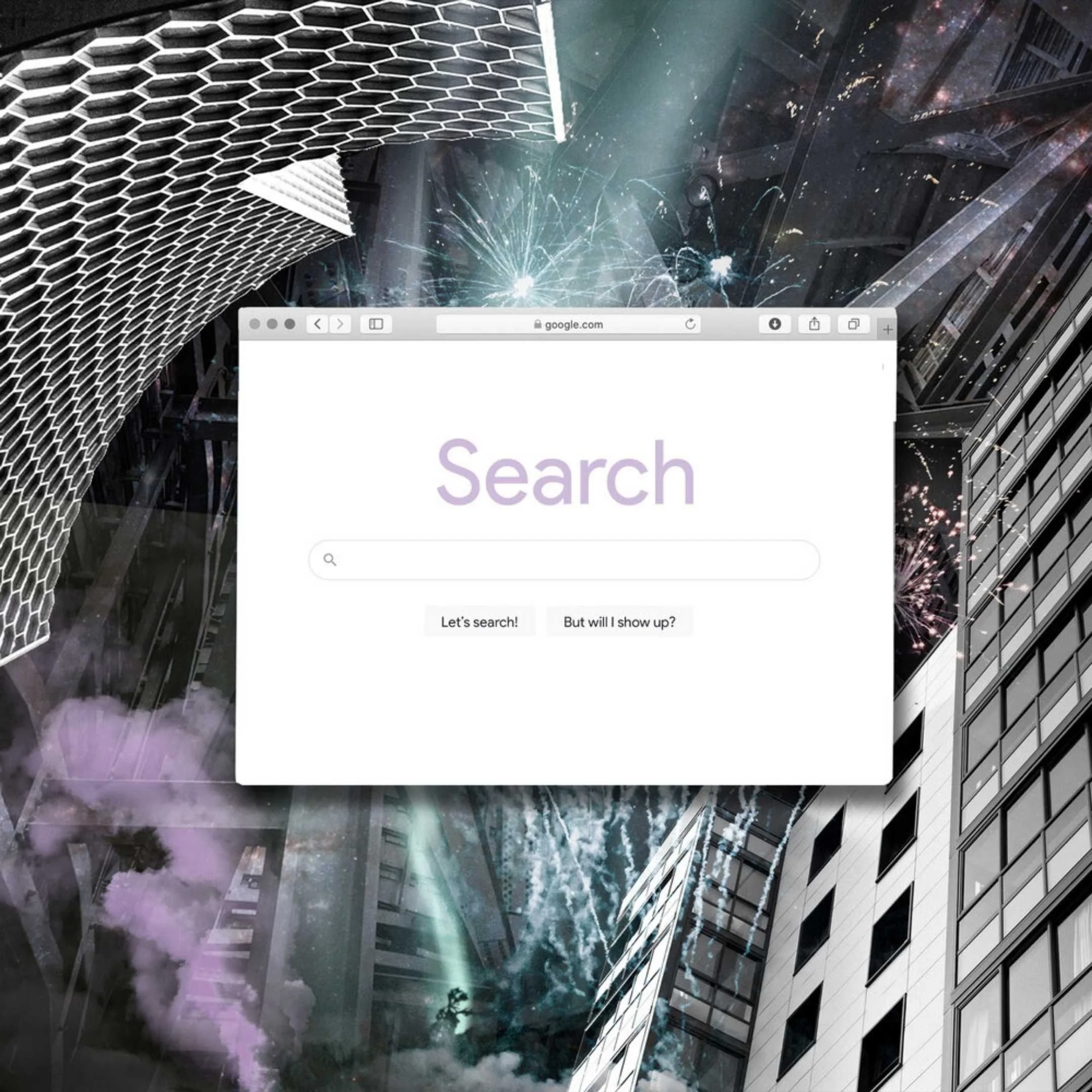 A search engine home screen collaged over fireworks, buildings and purple and teal celestial space