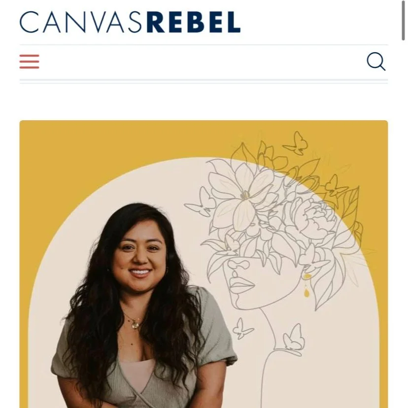 Woman smiling in front of a graphic illustration featuring flowers and butterflies on a yellow background, displayed on CanvasRebel website.