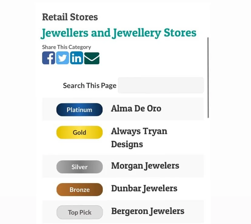 Jewelry store listings with categories: Platinum - Alma De Oro, Gold - Always Tryan Designs, Silver - Morgan Jewelers, Bronze - Dunbar Jewelers, Top Pick - Bergeron Jewelers. Includes social media sharing icons and search bar.