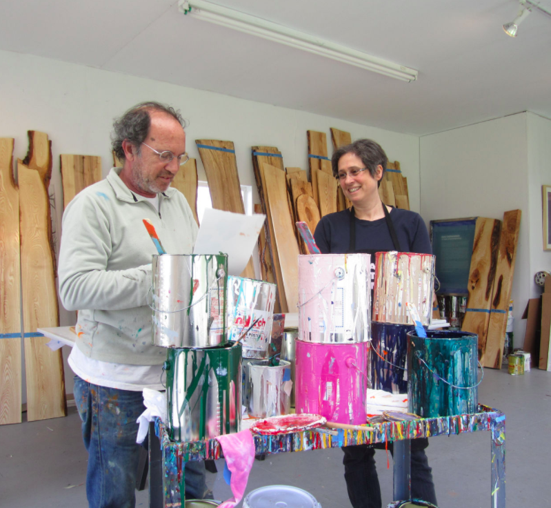 Jessica Stockholder with Gary Lichtenstein in 2011 preparing for Aldrich Museum exhibition