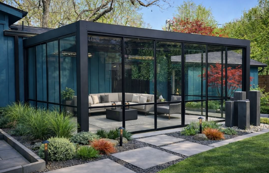 Modern glass sunroom with black framing and outdoor seating, surrounded by landscaped garden with pathway and decorative stones.