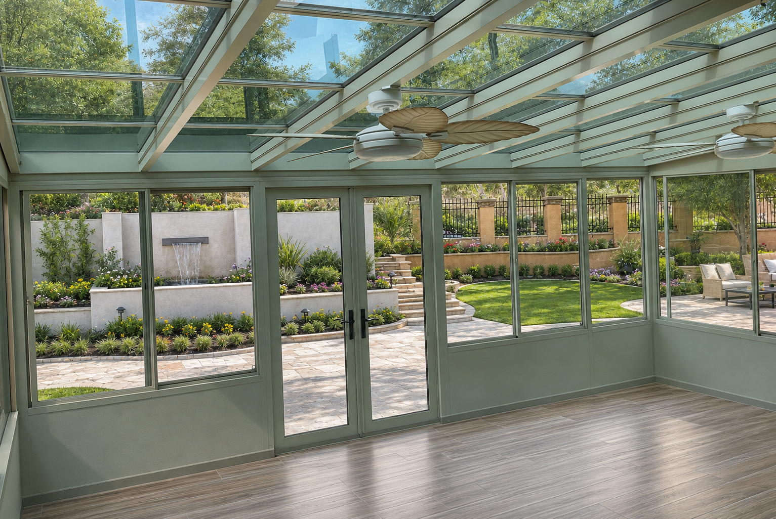 View of a beautifully landscaped backyard garden through glass windows and doors, featuring a fountain, stairs, flowerbeds, a well-manicured lawn, and outdoor seating.
