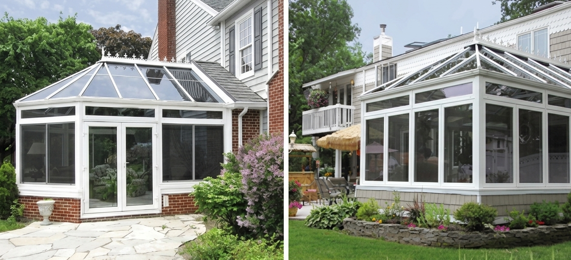 Comparison of two views of a house with a glass conservatory or sunroom attached. The left side shows a conservatory with a domed roof, white framing, and brick base, located in a garden with shrubs and stone pathway. The right side shows a similar conservatory with a rectangular roof, white framing, attached to a house with a small garden and outdoor seating area.