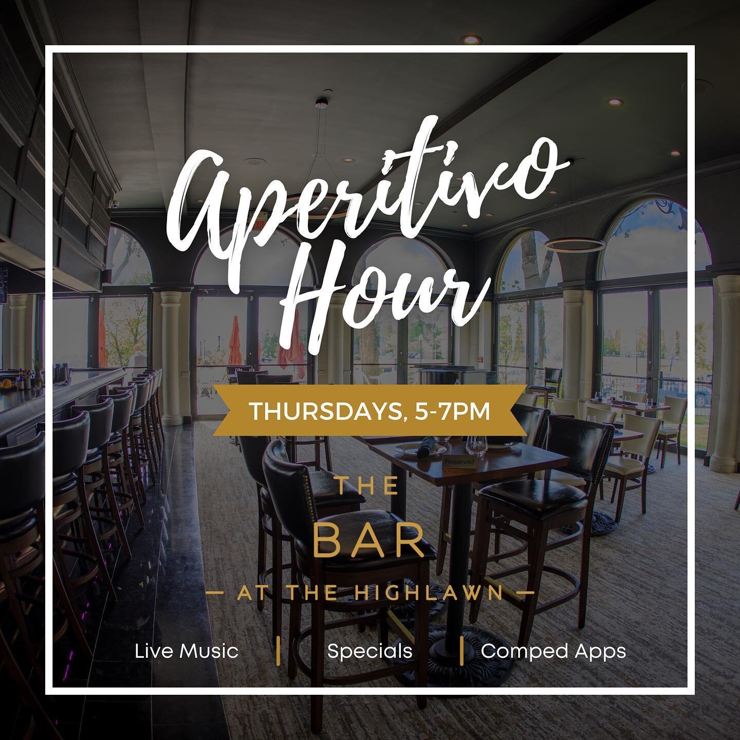 Kick off September by kicking back at #AperitivoHour!

Live music, #complimentary appetizers, specials and more await you every Thursday from 5-7PM at The Highlawn bar with the purchase of a drink. Tag your happy friends below. 🥂 

____
#happyhour #