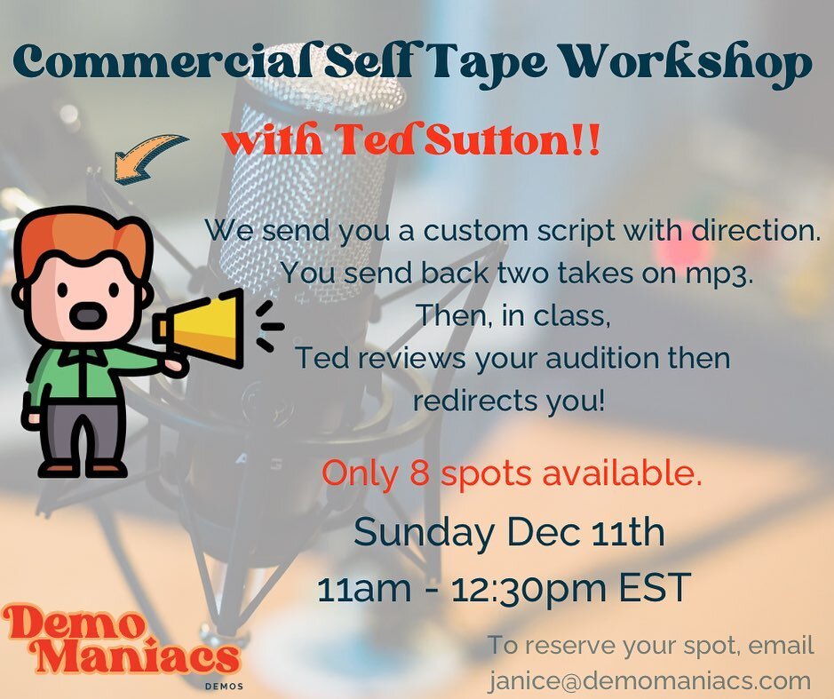 Need to boost your self tapes?!? This workshop will help you learn to create two awesome takes to send in! Work with casting director Ted Sutton and up your game! On Zoom #auditionvo #voauditioncoaching #commercialvocoach #commercailvoice #voiceoverp