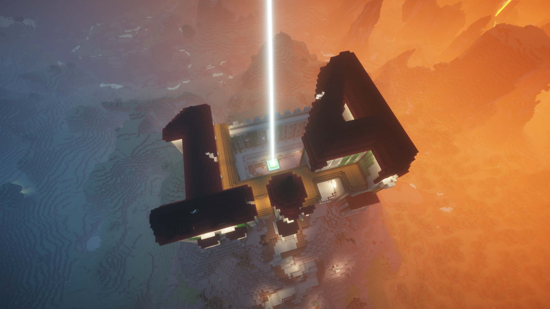 A building in Minecraft with a beam of light shooting into the sky, set against a sunset or sunrise with orange and blue sky colors.