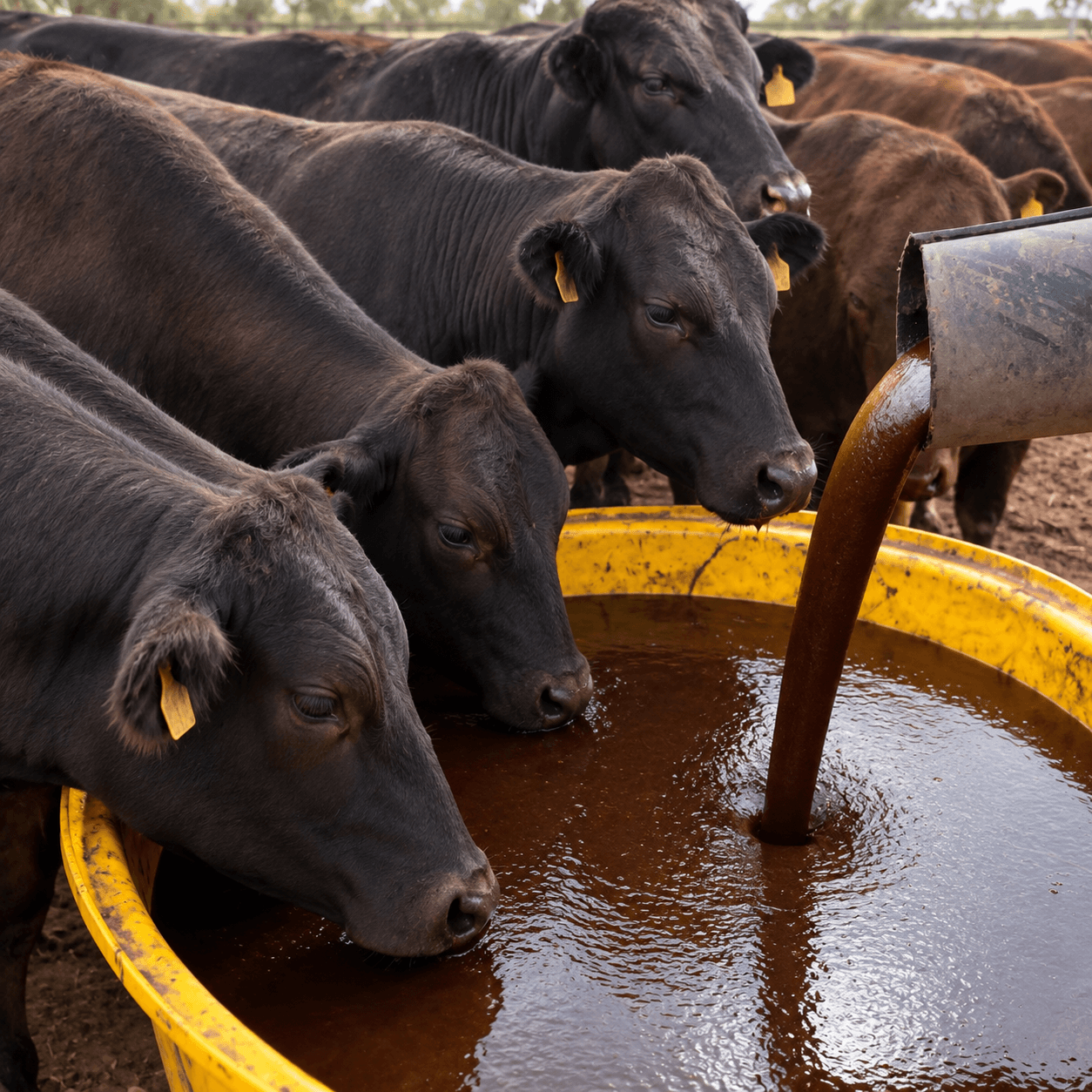 Wagyu cows at yellow molasses trough