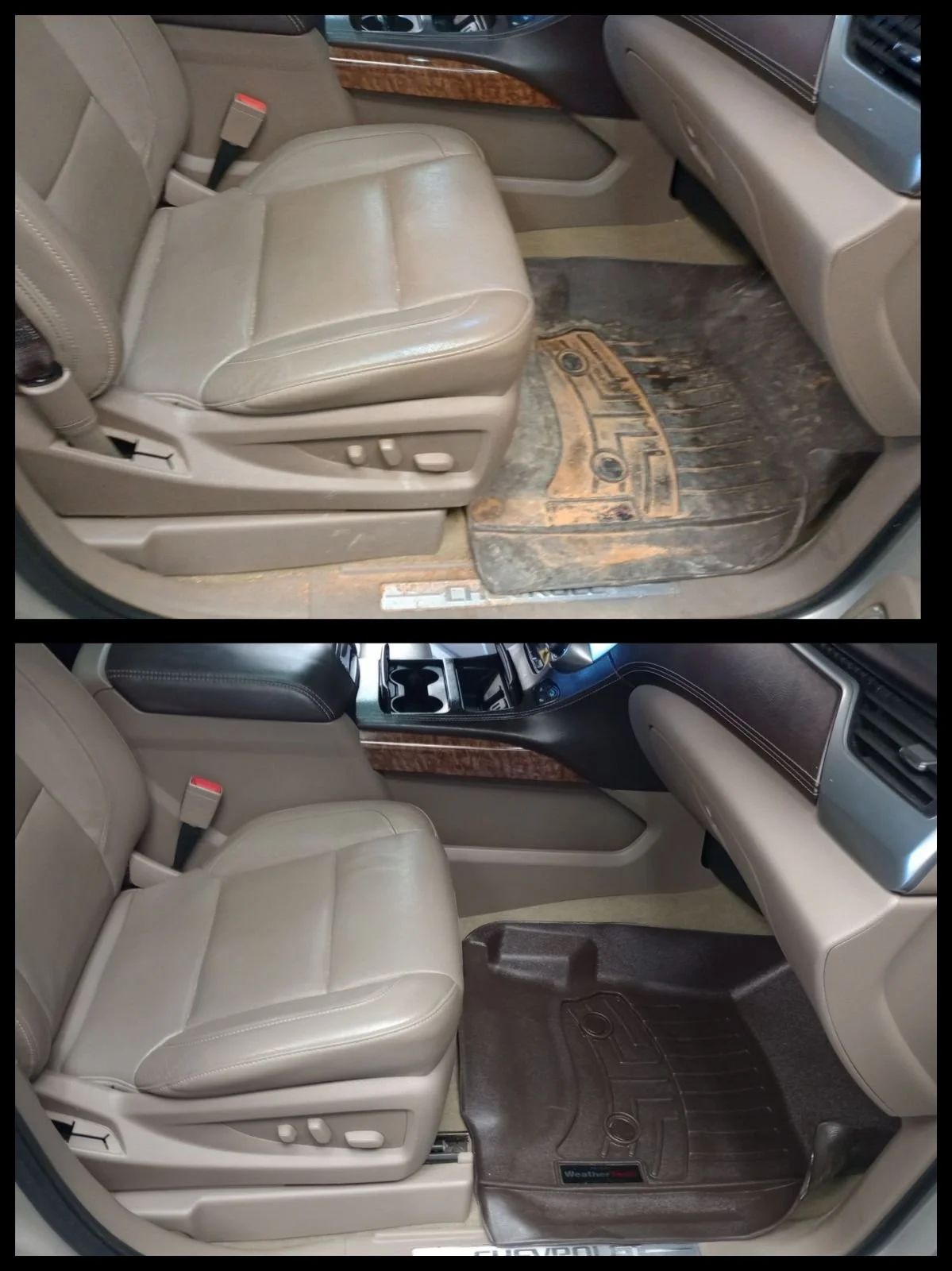 Comparison of car interior showing driver and passenger sides with dirty floor mat in the top image, cleaned and replaced with a new floor mat in the bottom image.