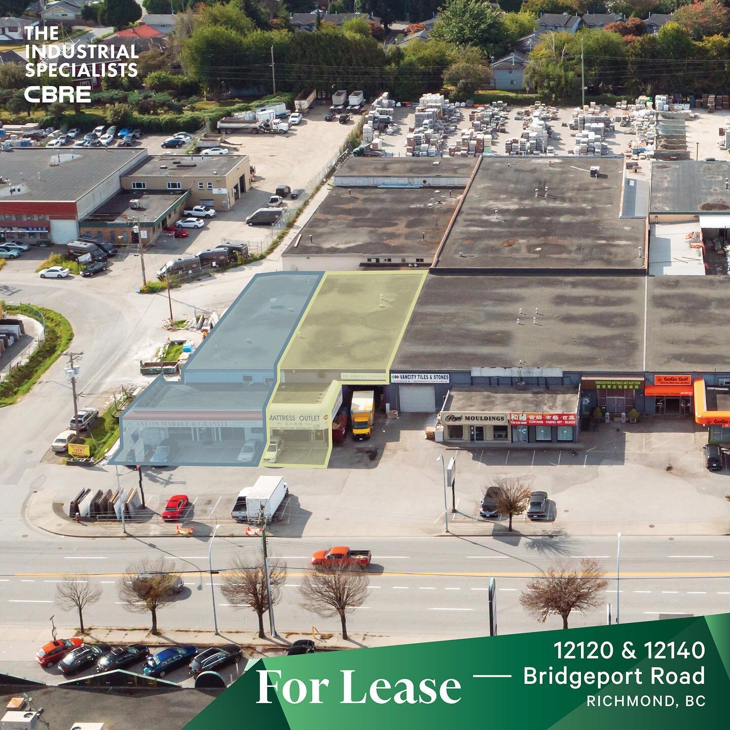 RICHMOND | Two prime industrial retail units with high exposure on the corner along Bridgeport Road available. An opportunity to lease a 4,855 SF all main floor retail space or a 6,269 SF unit with two floors. Both units feature a dedicated spacious 