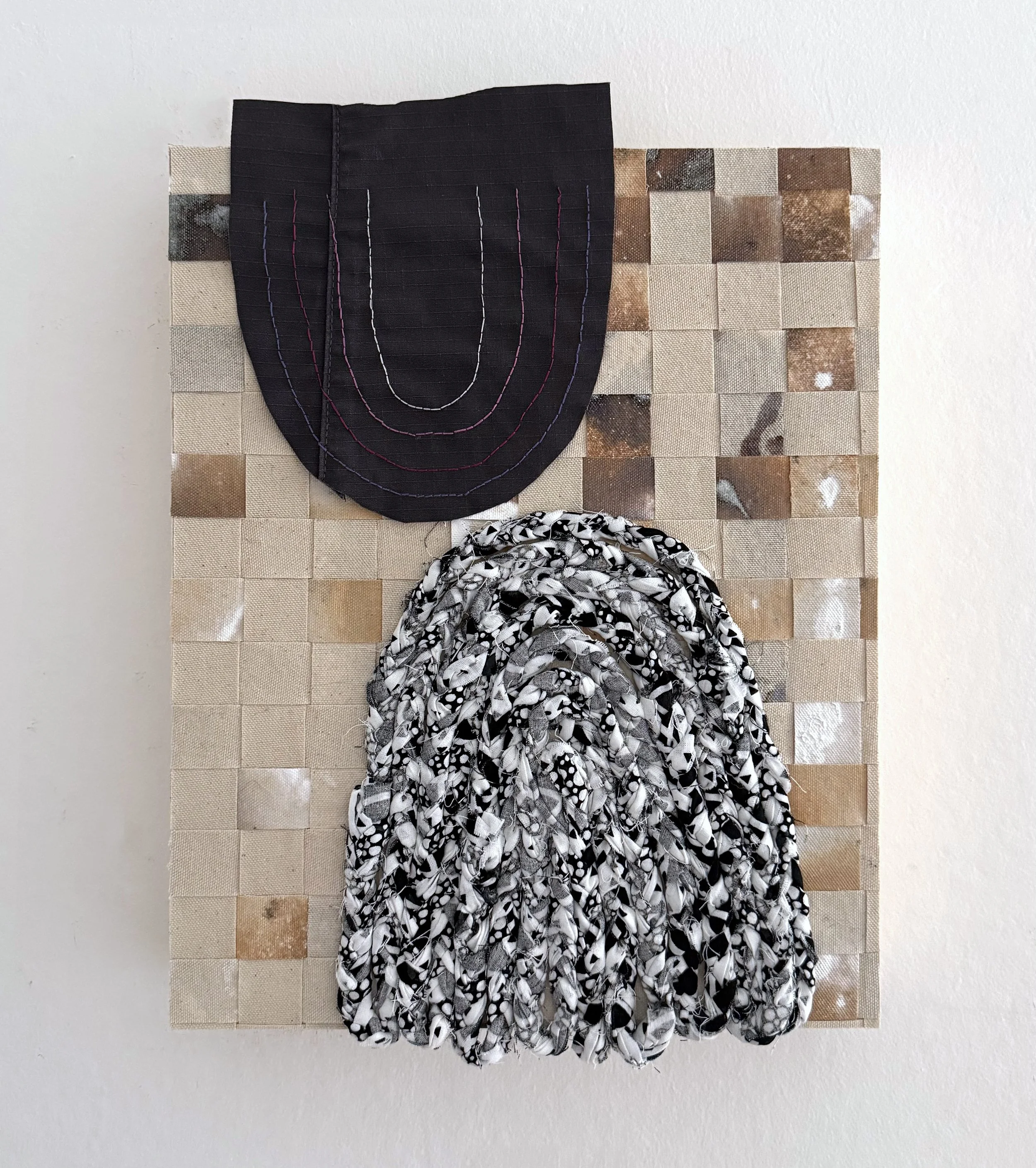 Stories from Thompson Park, 2025, acrylic on canvas, woven, braided craft fabrics, embroidered thread on pants fragment, staples, 15.5 x 11 x 2.5 inches