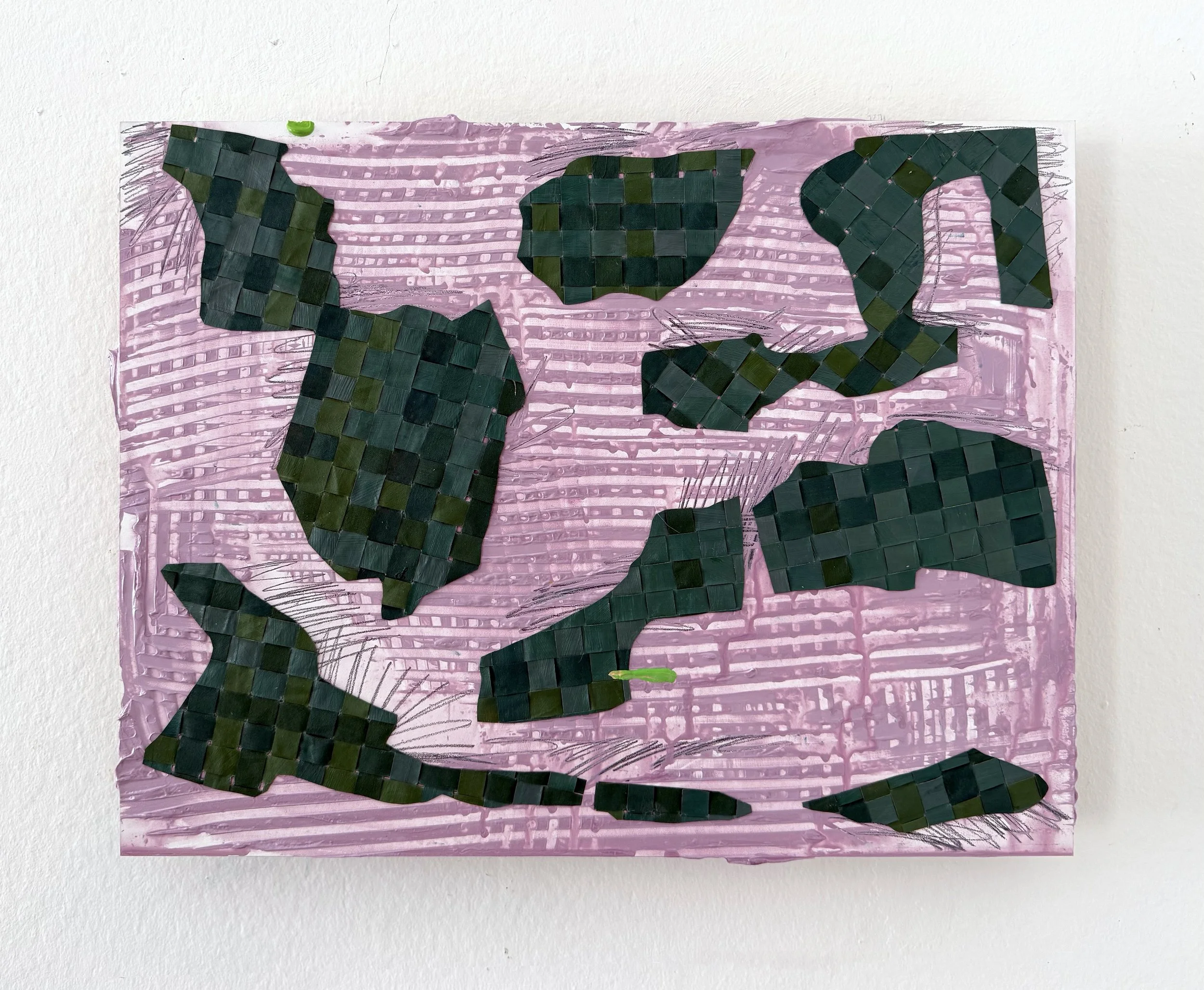 Idalou, 2025, acrylic, graphite, woven fabric on floated panel, 14 x 18 x 2 inches