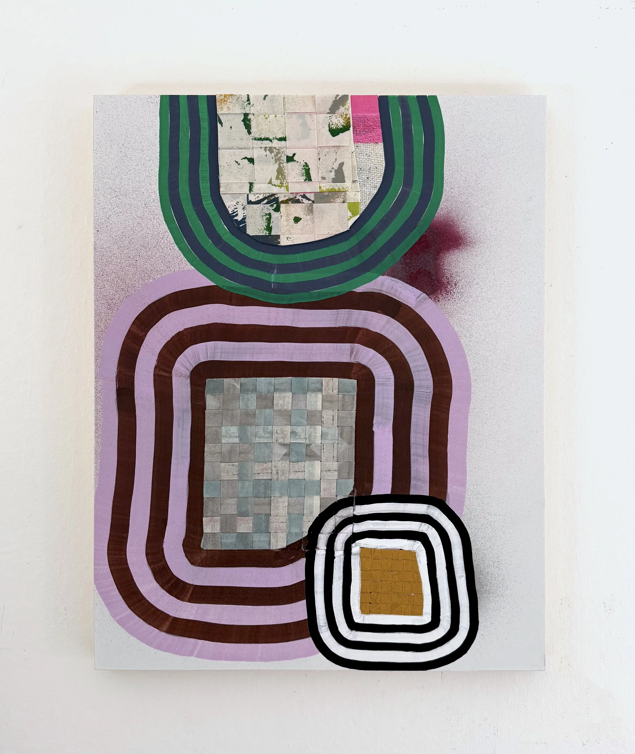 Boston Ave Duplex, 2025, acrylic, printed and woven muslin, inkjet print, painted and woven mulberry paper on gessoed panel, 18 x 14 x .75 inches (shown unframed)