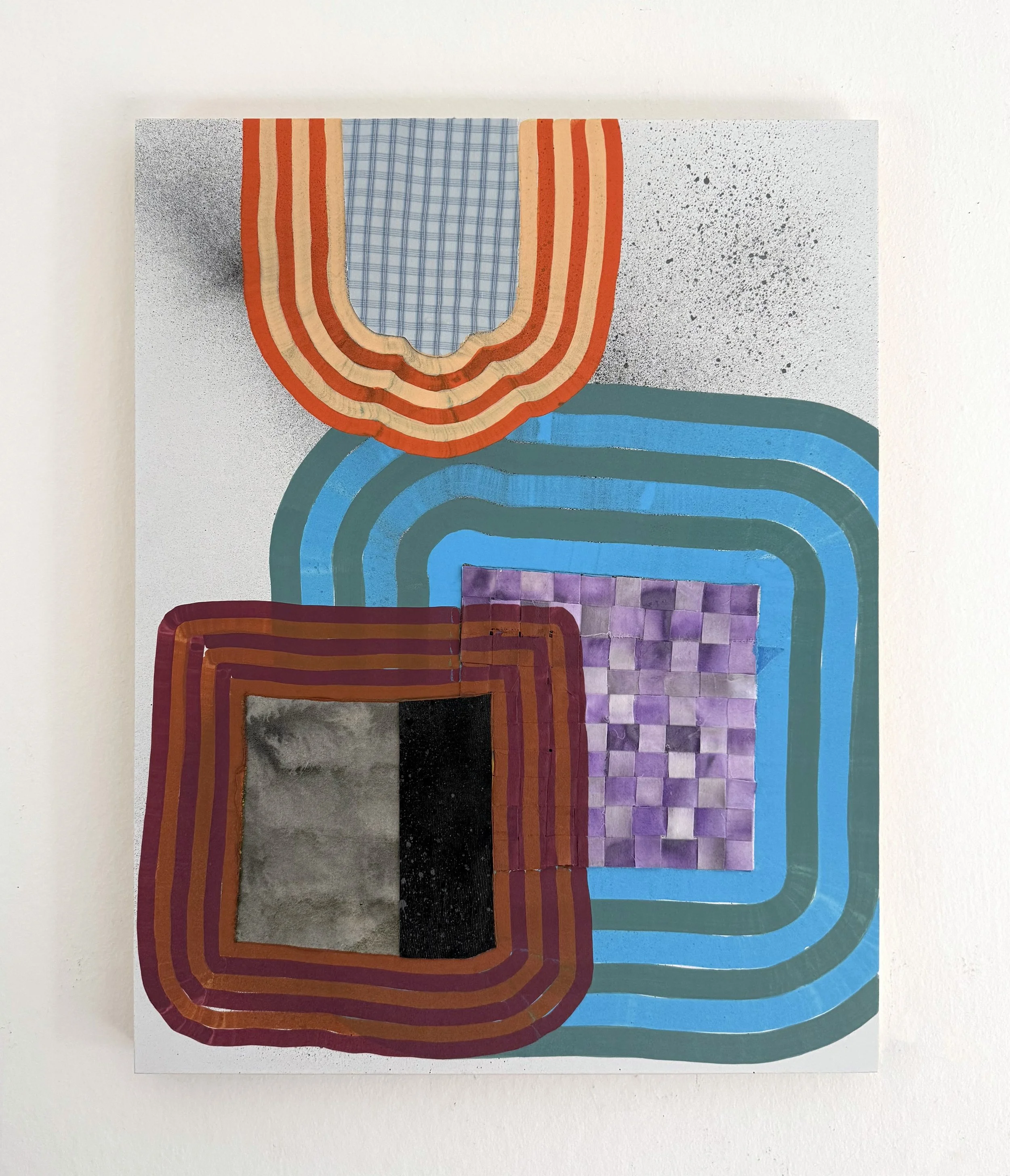 O.L. Slaton, 2025, acrylic, stained and woven muslin, painted canvas, shirt scrap on gessoed panel, 18 x 14 x .75 inches (shown unframed)