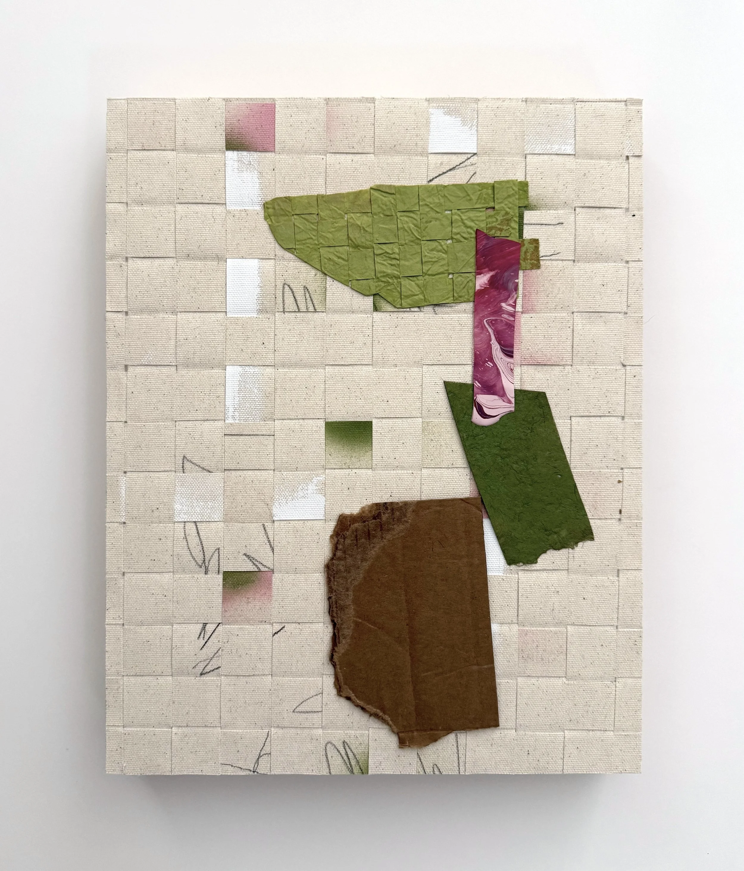 Weeknight Goulash, 2026, acrylic, cardboard, handmade paper, graphite, woven muslin on woven canvas, mounted on panel, 14 x 11 x 1.75 inches