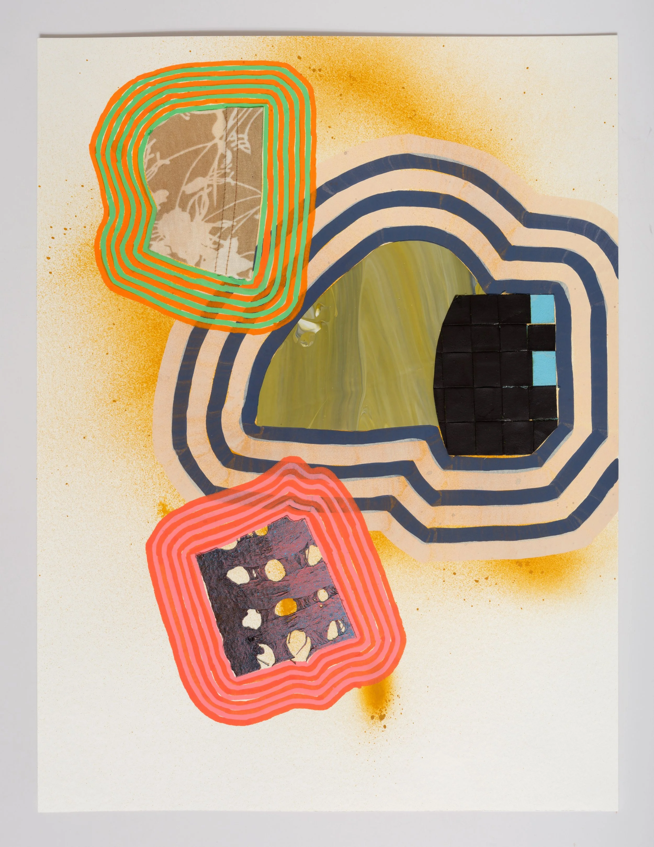 Roadrunner, 2025, acrylic, shirt piece, amate bark, handwoven fabric scraps on paper, 16 x 12 inches (shown unframed)