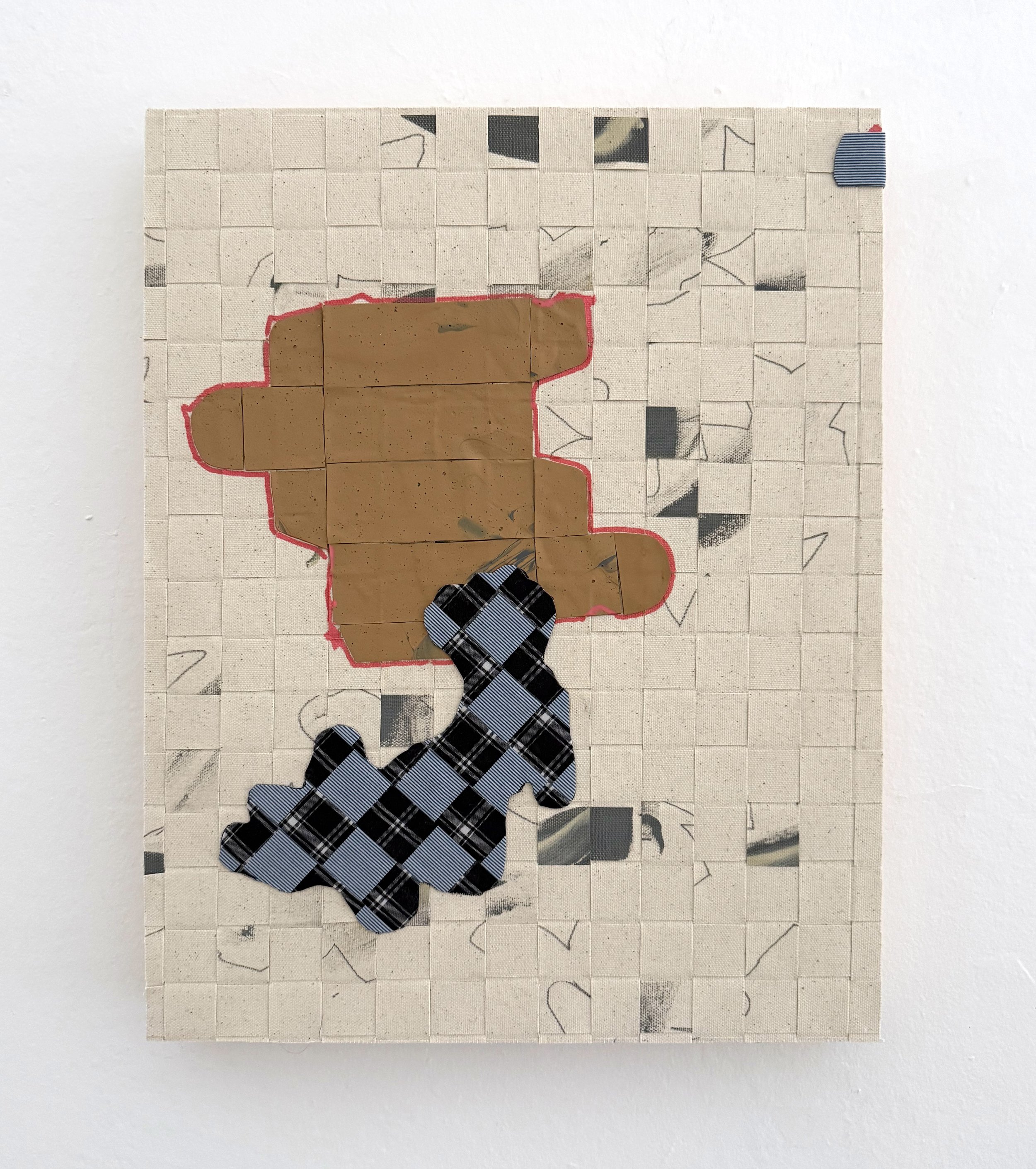 Free Records at Ralph’s, 2026, acrylic, woven fabric, graphite on woven canvas, mounted on panel, 18 x 14 x 1.75 inches