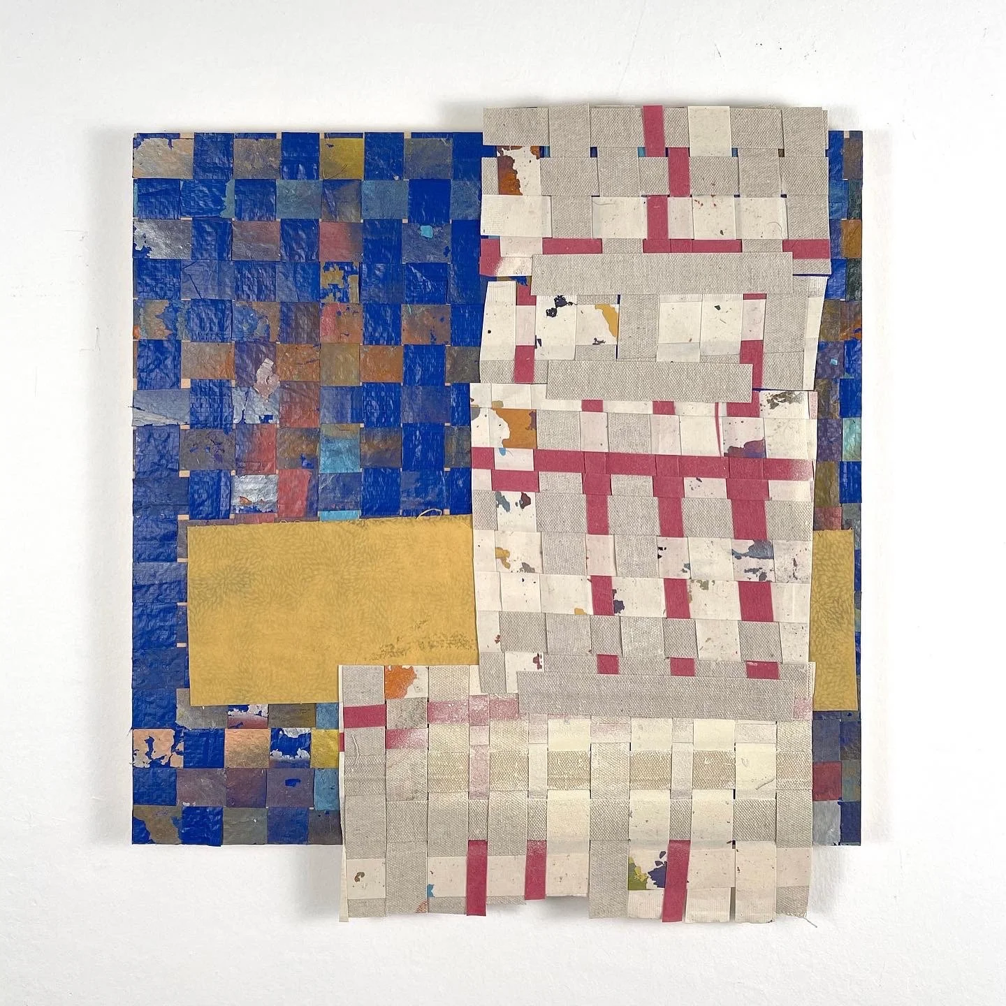 Tahoka, 2022, acrylic, fabric, woven canvas, woven tarpaulin on wood panel, 21 × 18 × 1 in