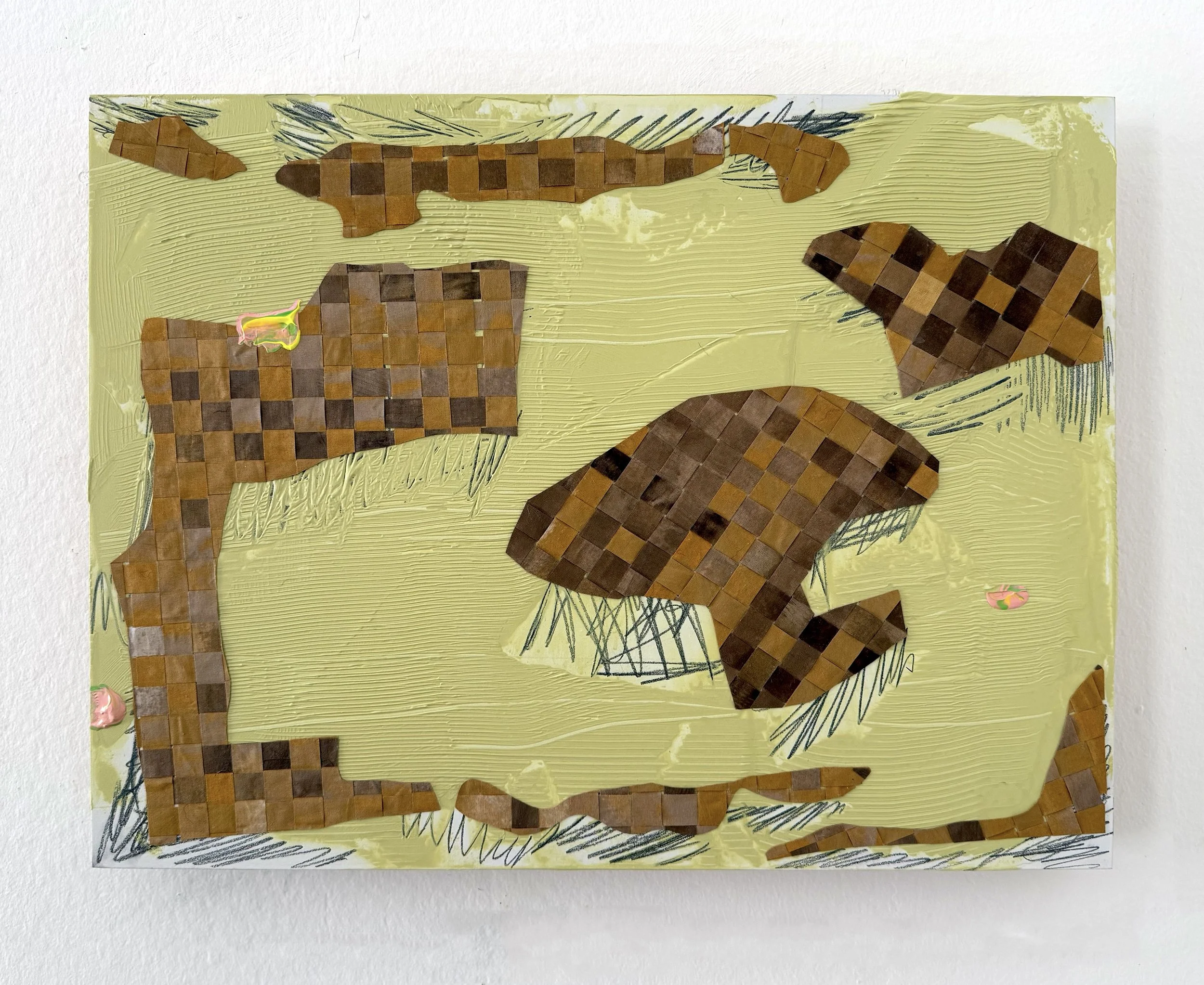 Heckville, 2025, acrylic, graphite, woven fabric on gessoed board, 14 x 18 x 2 inches