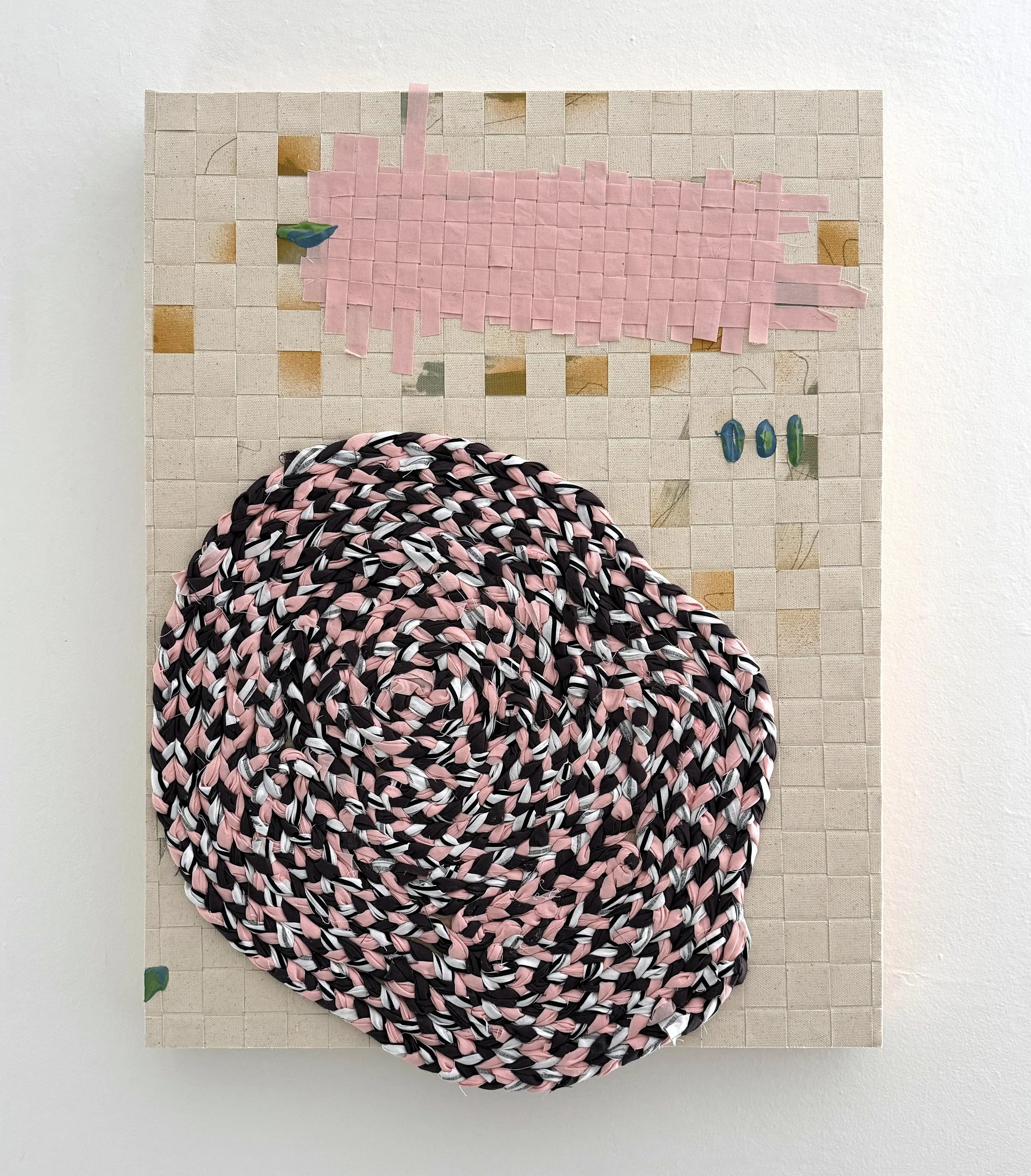 Plemons Ground, 2026, braided, coiled fabric, acrylic, graphite, woven canvas on panel, 26 x 18 x 2 inches