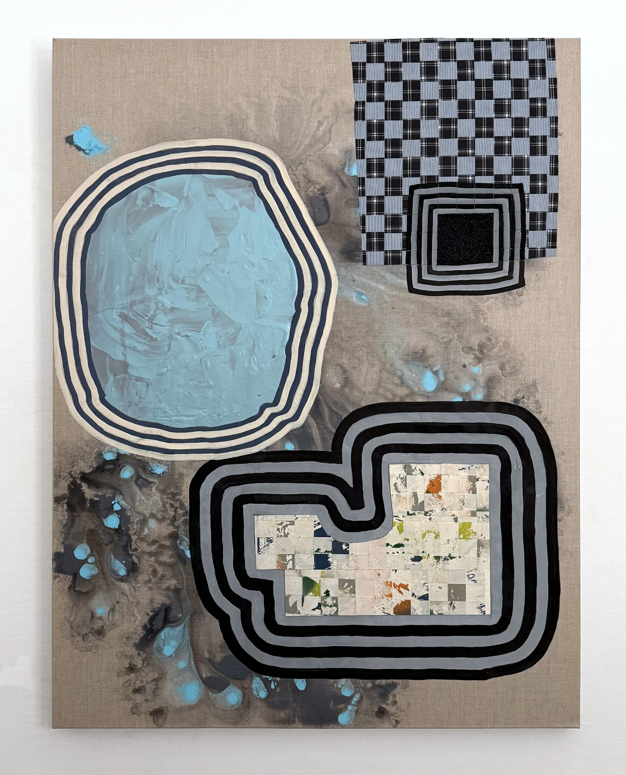 Mayfield, 2025, acrylic, glitter, woven fabrics (painted muslin and shirt pieces) on linen, 40 x 30 x 1.5 inches