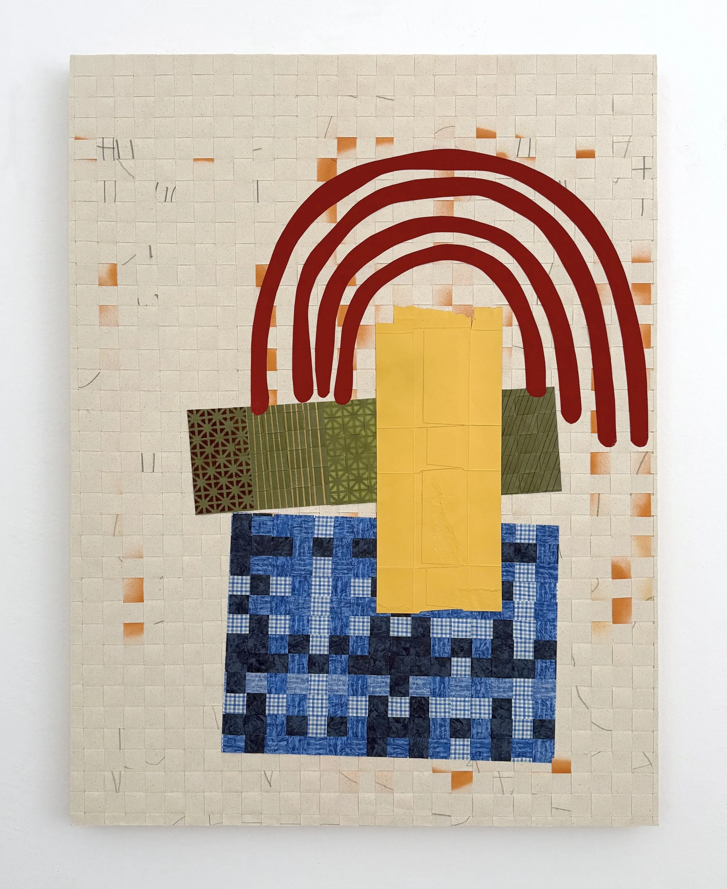 Tennessee, 2026, acrylic, graphite, fabric, cardboard on woven canvas, mounted on wood panel, 40 x 30 x 1.75 inches