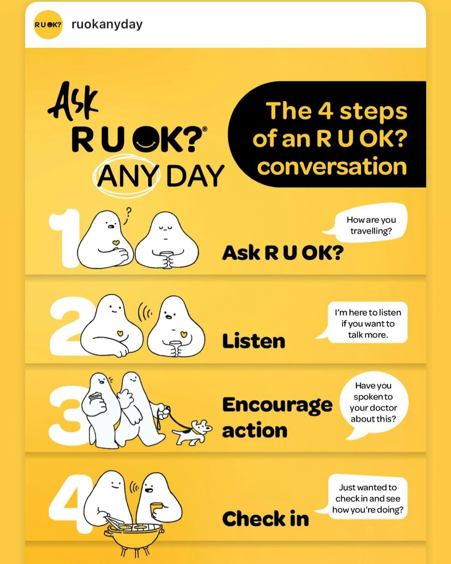 It&rsquo;s RU OK? Day, check in with a loved one or friend if you have the chance today. 
Chuck a follow to the awesome team at @ruokanyday to find out more and the best way to ask, listen and help. 
#ruok #community #belconnen #checkinwithamate 💙💛
