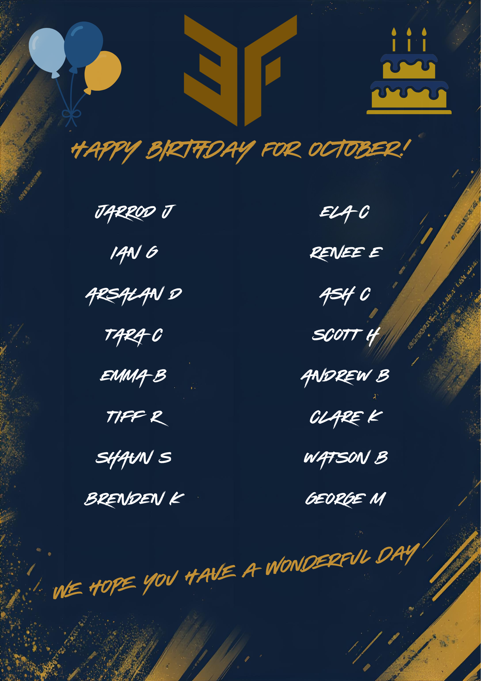 A birthday announcement card with a dark blue background and gold accents. It features a gold geometric logo at the top center, three balloons on the top left, and a birthday cake icon on the top right. The text in the center reads "Happy Birthday for October!" with a list of names underneath, and a closing message "We hope you have a wonderful day!" at the bottom.