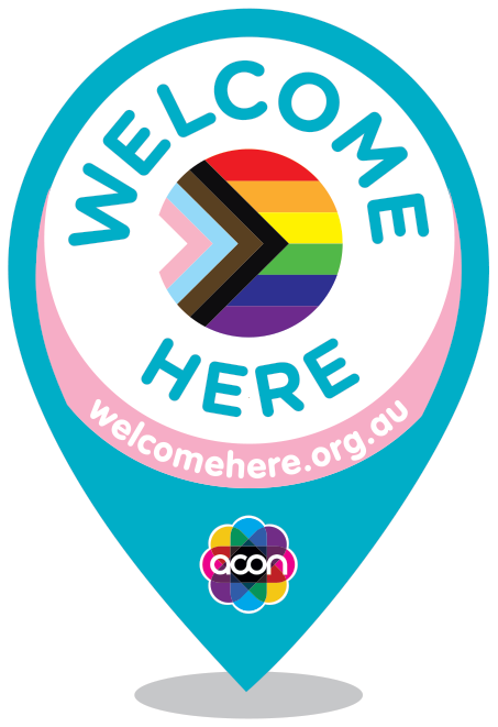 A map marker with a circle that has the words 'WELCOME HERE' and a rainbow pride flag inside, along with the website 'welcomehere.org.au' and the 'ACON' logo at the bottom.