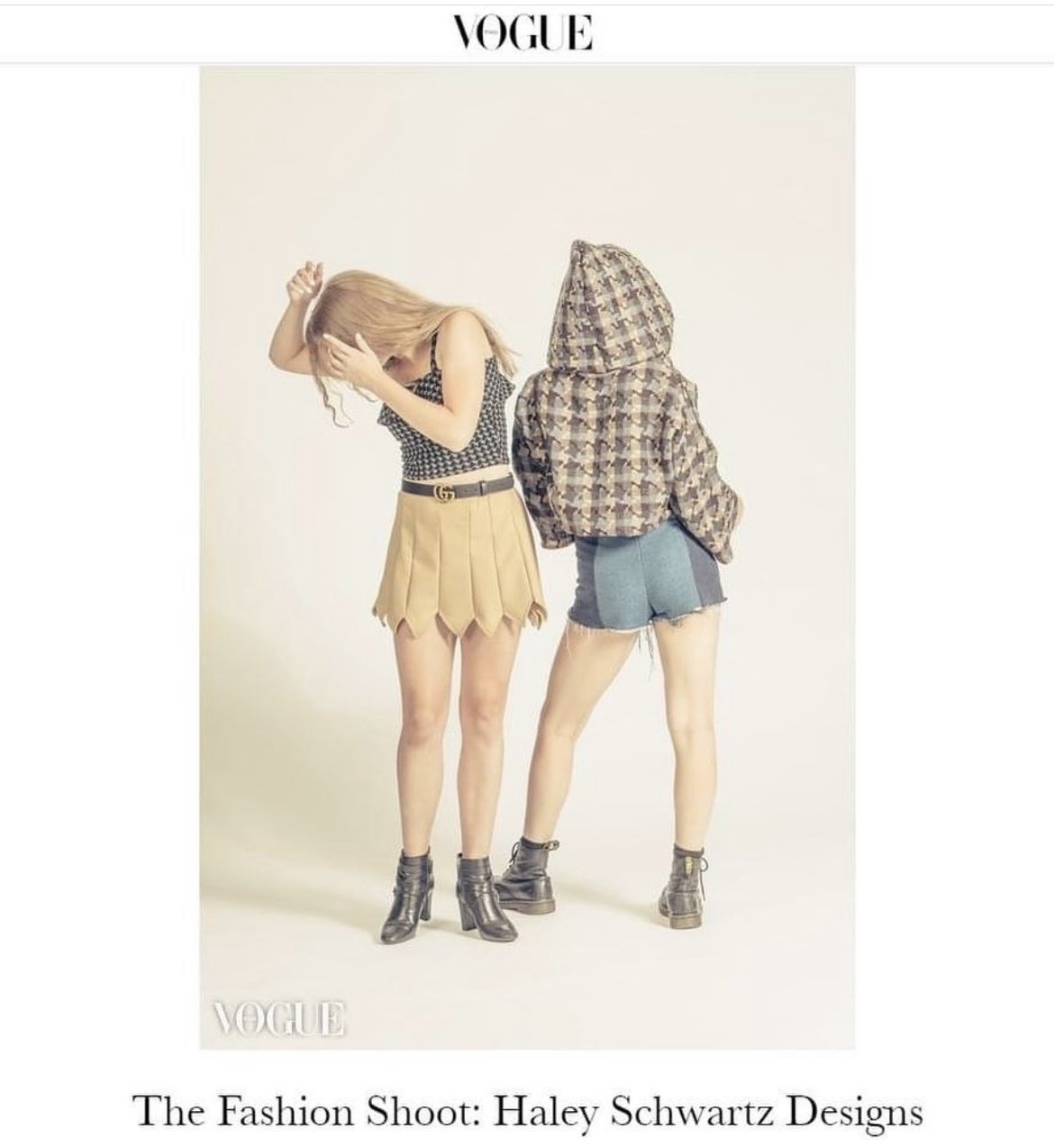 Houndstooth Knit Top and Wool Skirt With Denim Shorts and Cropped Hoodie featured on Vogue Italia's website
Photography by @mute_photography
