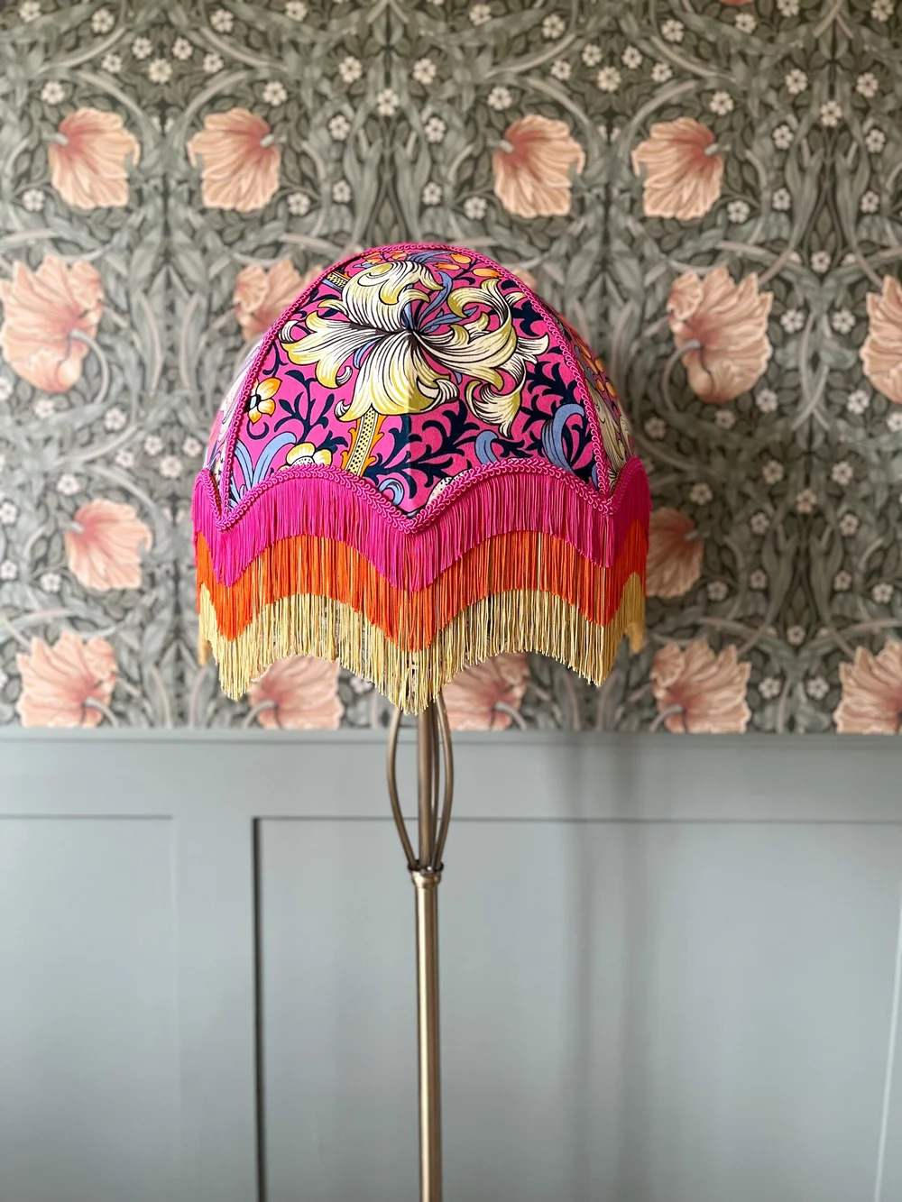 William Morris Fringed Lampshade Golden Lily in Serotonin Pink