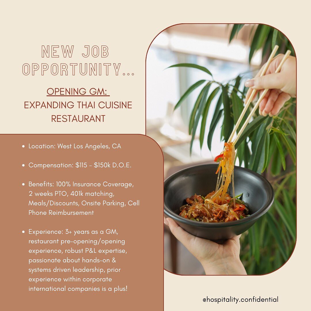 📨 NEW GM ROLE ALERT‼️ 

🍲 We have an exciting Opening General Manager role on the westside of Los Angeles! This is for an extremely successful, award-winning Taiwanese restaurant group opening their first ever US location with an inspiring Thai cui