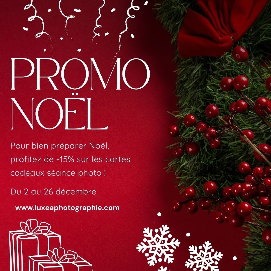 PROMO NOEL -15% sur les cartes cadeaux s&eacute;ance photo !
Offrez un joli cadeau &agrave; glisser sous le sapin : https://www.luxeaphotographie.com/carte-cadeau-photographe/p/seancephoto
Valable 1 an sur toutes les s&eacute;ances photos (couple, fa