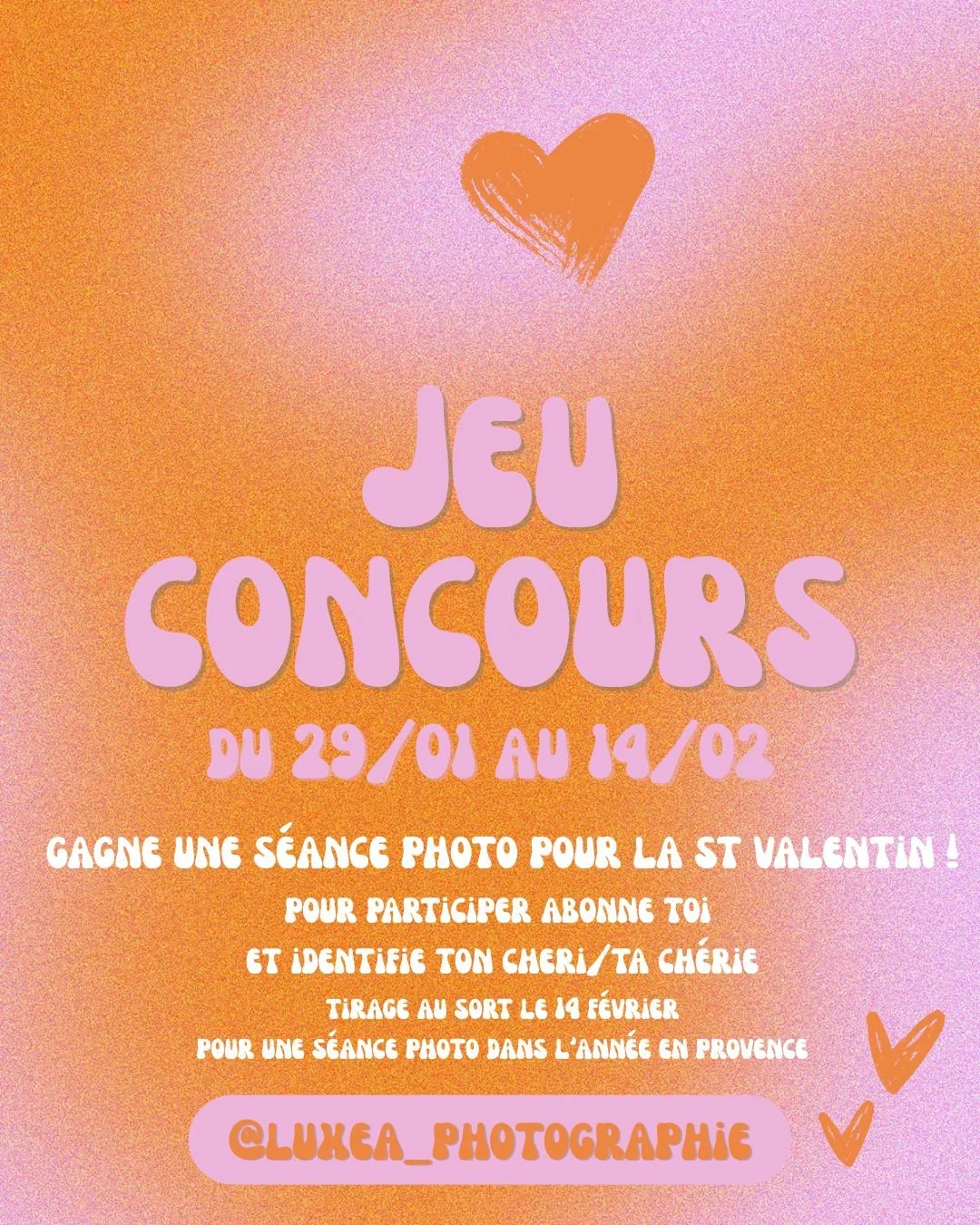 ❤️❤️Jeu Concours❤️❤️ Gagne une s&eacute;ance photo pour la St Valentin !
Pour participer : abonne-toi et identifie ton ch&eacute;ri/ta ch&eacute;rie. 
Tirage au sort le 14 f&eacute;vrier.
S&eacute;ance &agrave; r&eacute;aliser dans l'ann&eacute;e en 