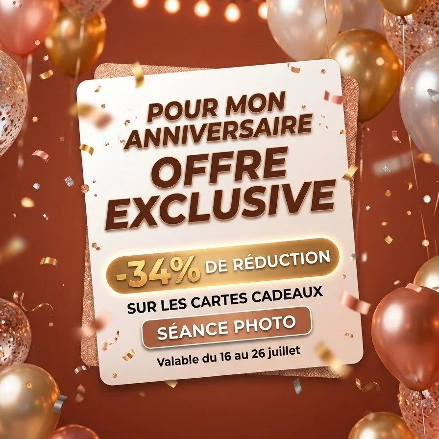 Pour c&eacute;l&eacute;brer mon anniversaire, profitez de -34 % sur les cartes cadeaux s&eacute;ance photo !

Offrez (ou offrez-vous) de jolis souvenirs &agrave; capturer et &agrave; garder pour toujours. 

Cartes cadeaux valables 1 an en Provence
S&