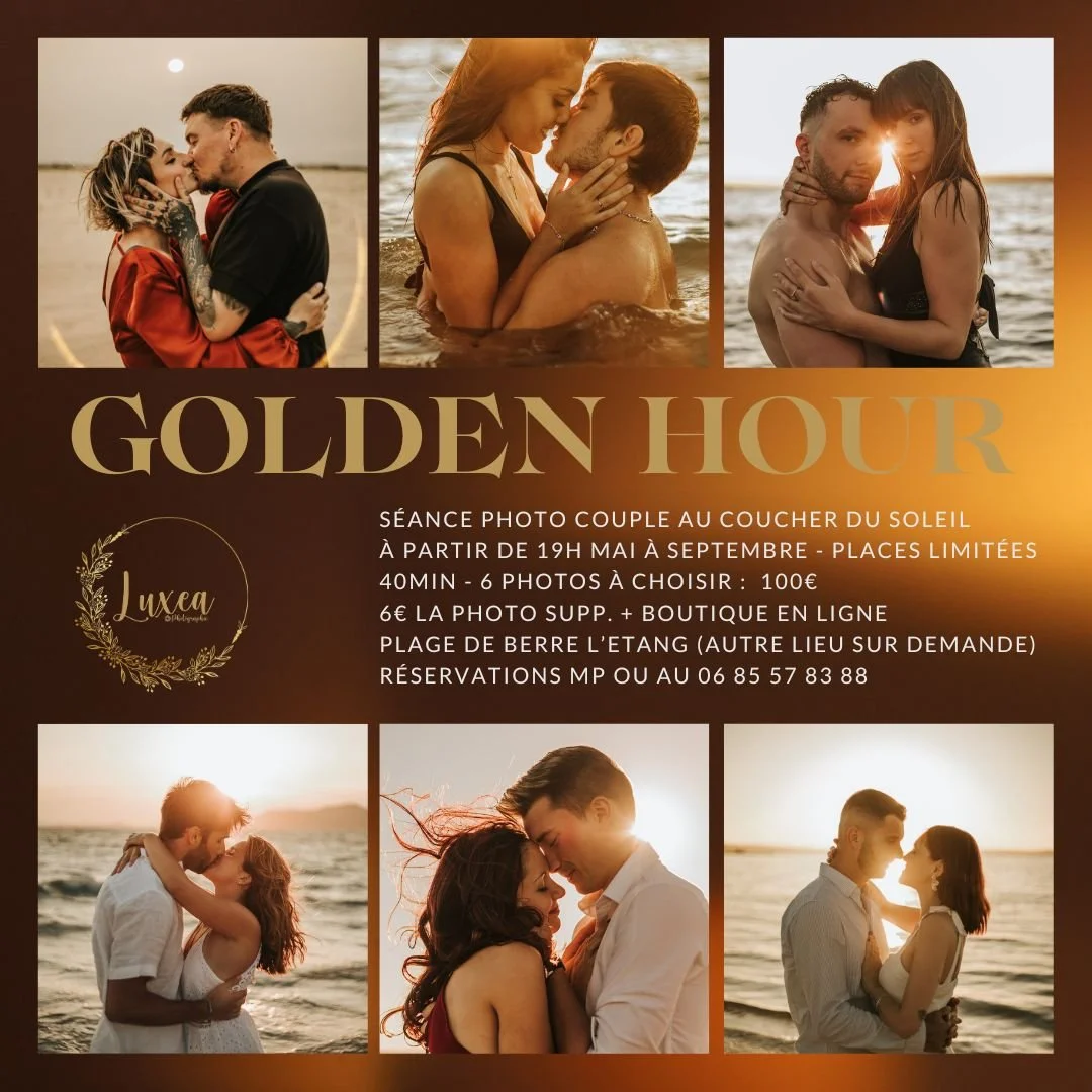 ✨ S&Eacute;ANCE PHOTO GOLDEN HOUR ✨

Profitez de la douce lumi&egrave;re dor&eacute;e du coucher de soleil pour vous offrir de magnifiques souvenirs. 🌅

📸 La s&eacute;ance comprend :
&bull; 40 minutes de s&eacute;ance sur la plage et dans l&rsquo;e
