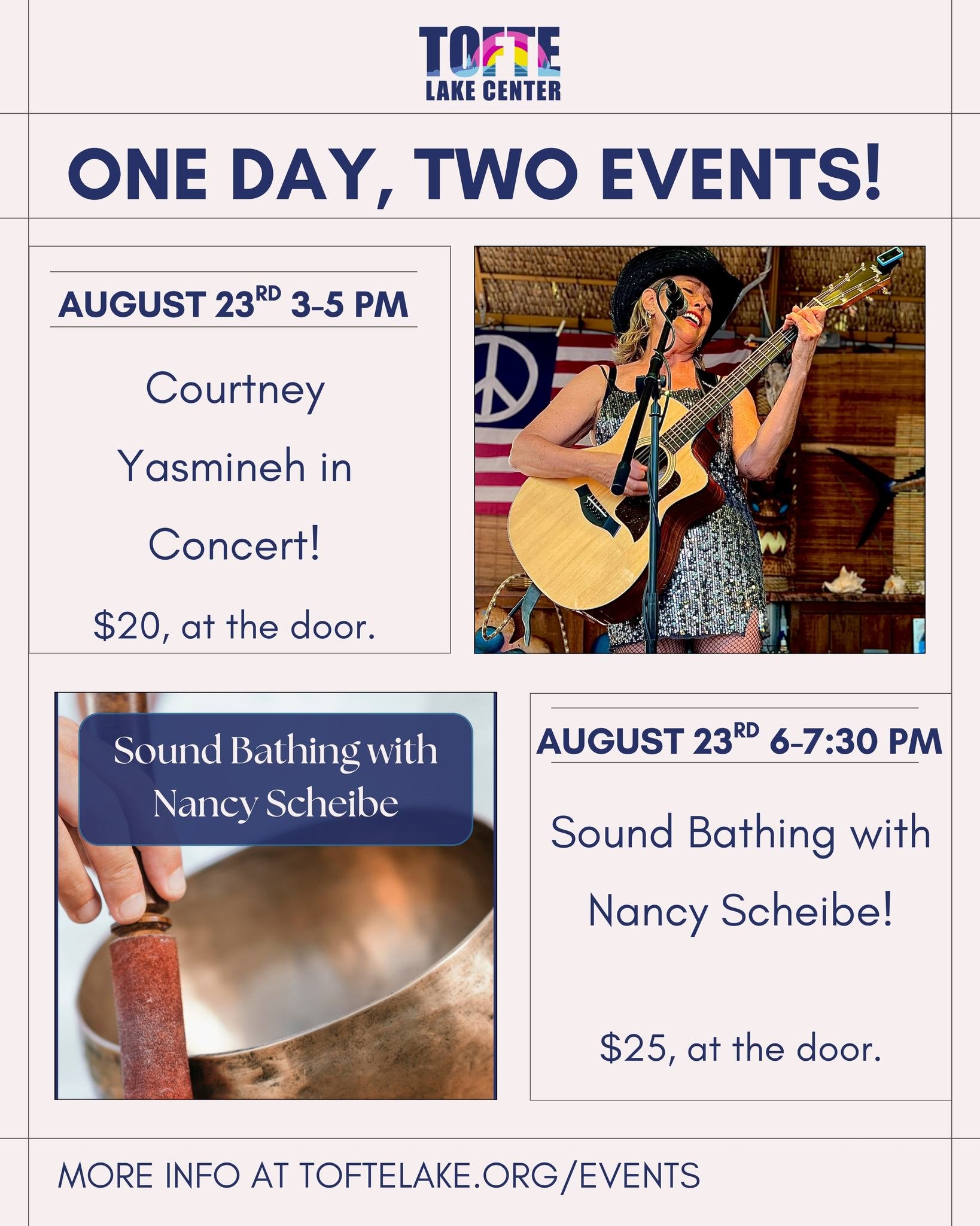 Arrive once and stay for two fabulous events on August 23rd at Tofte Lake Center!

3-5 PM Courtney Yasmineh in Concert
Songs will be flying through the Aerie as Courtney Yasmineh performs a full concert of songs from her twelve album body of work.  S