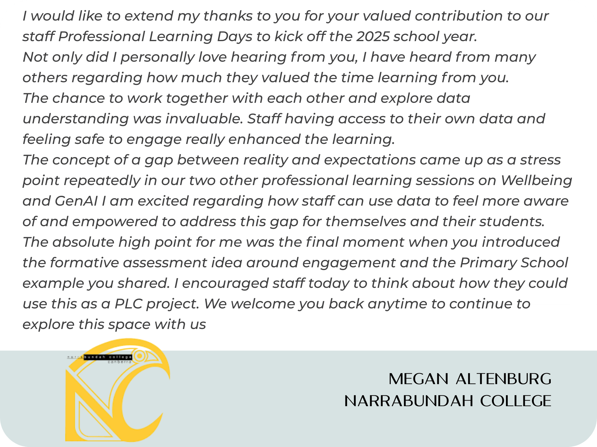Dr Selena Fisk testimonial  Narrabundah College