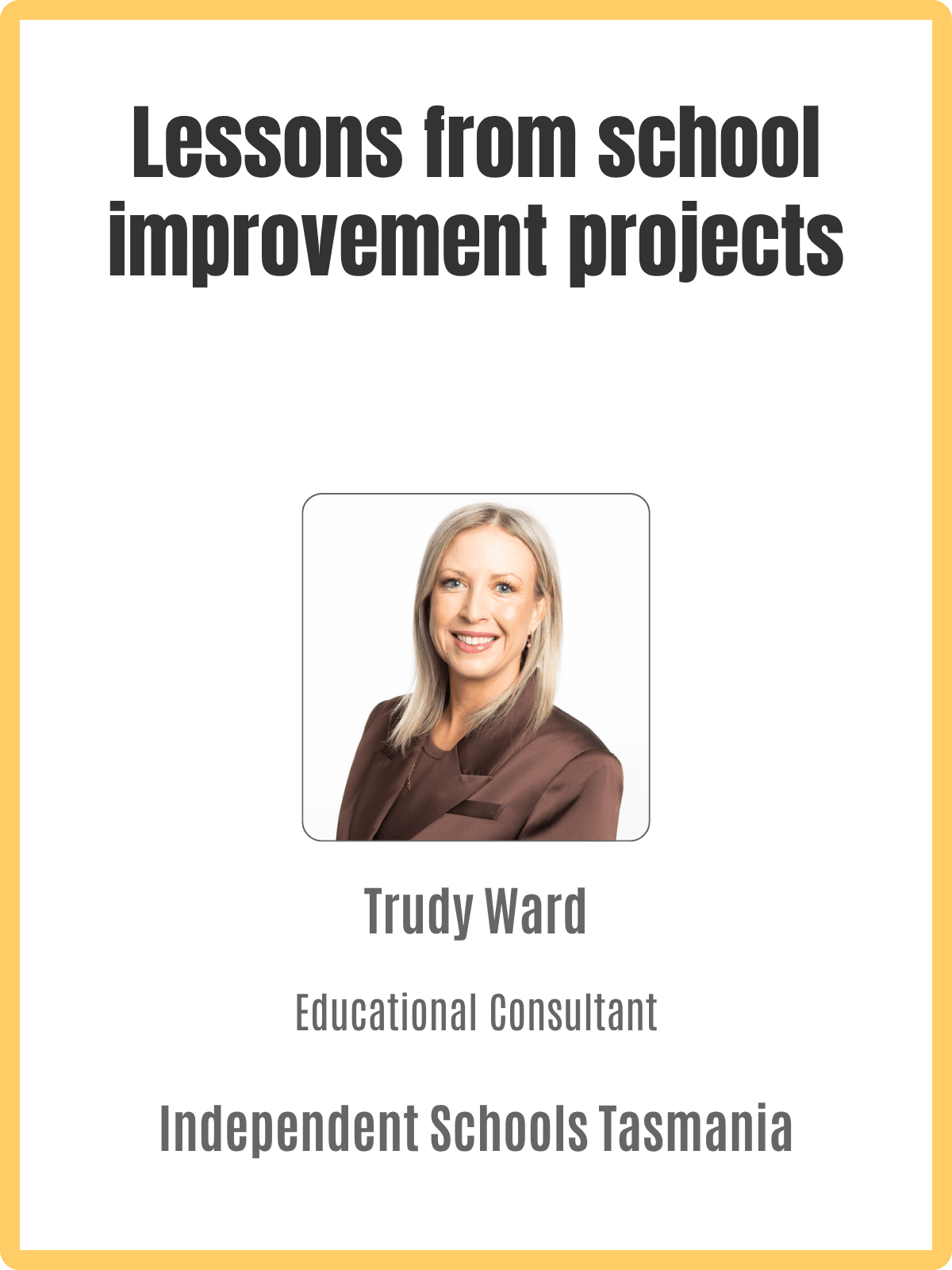Book cover titled 'Lessons from school improvement projects' featuring a professional woman with shoulder-length blonde hair, smiling, wearing a brown blazer. Author name: Trudy Ward. Publisher: Independent Schools Tasmania.