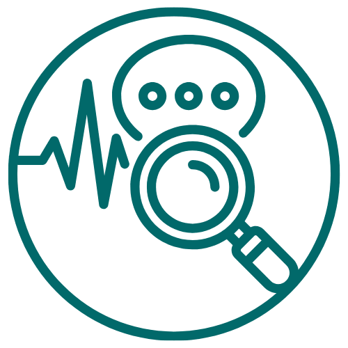 A speech icon, life line and magnifying glass together.