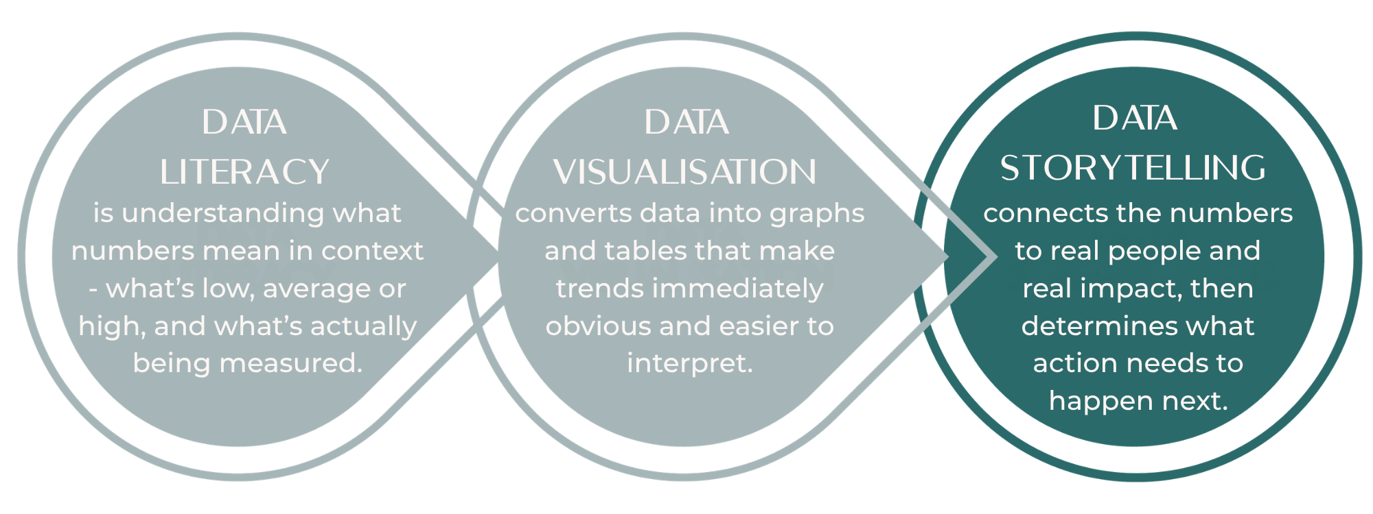 Diagram illustrating data literacy, visualization, and storytelling, showing how they connect to interpret data and translate trends into actions.