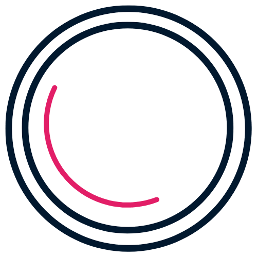 A navy circle with raspberry line that looks like part of a magnifying glass.